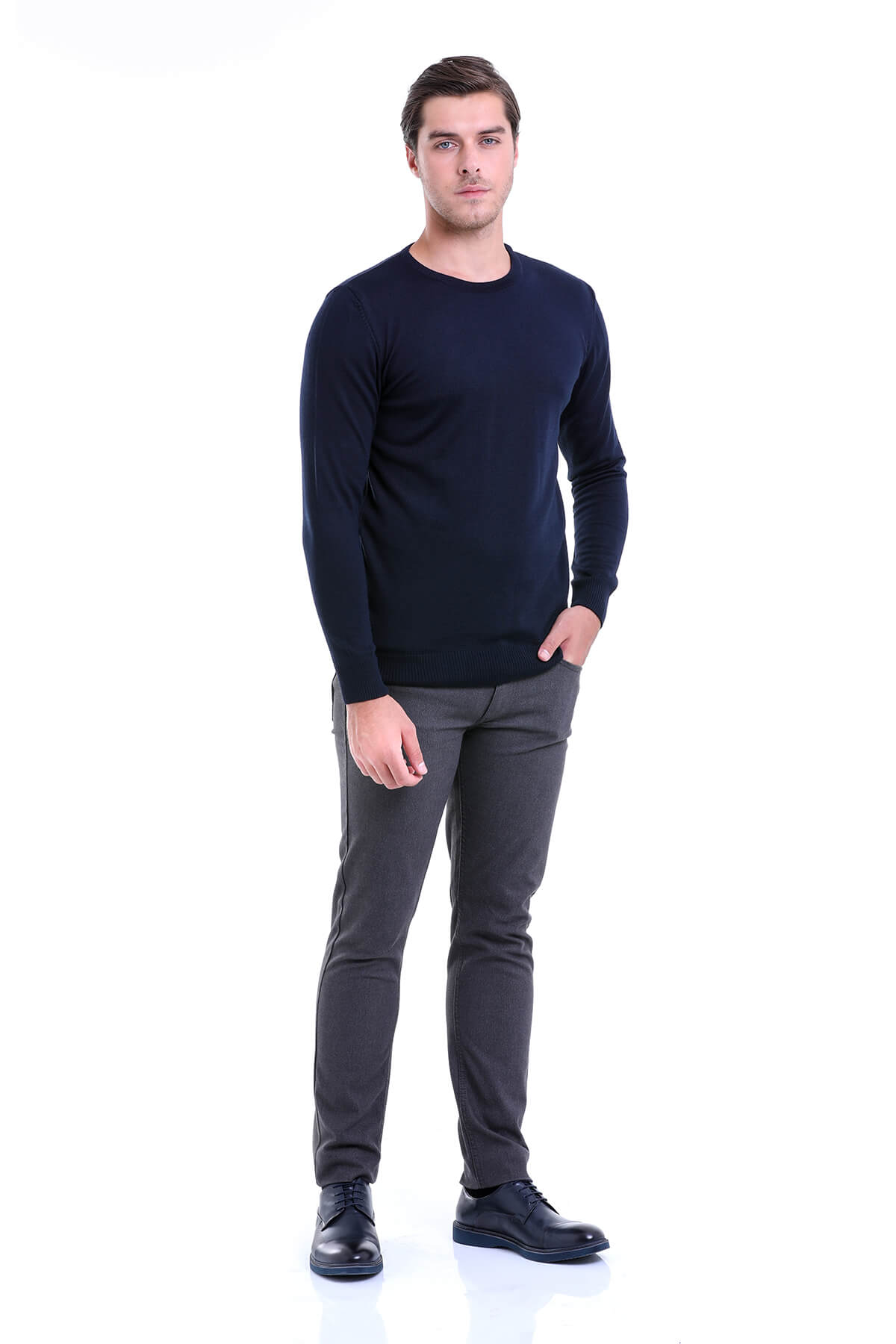 Comfort Fit Wool Blend Navy Crewneck Sweater - SAYKI