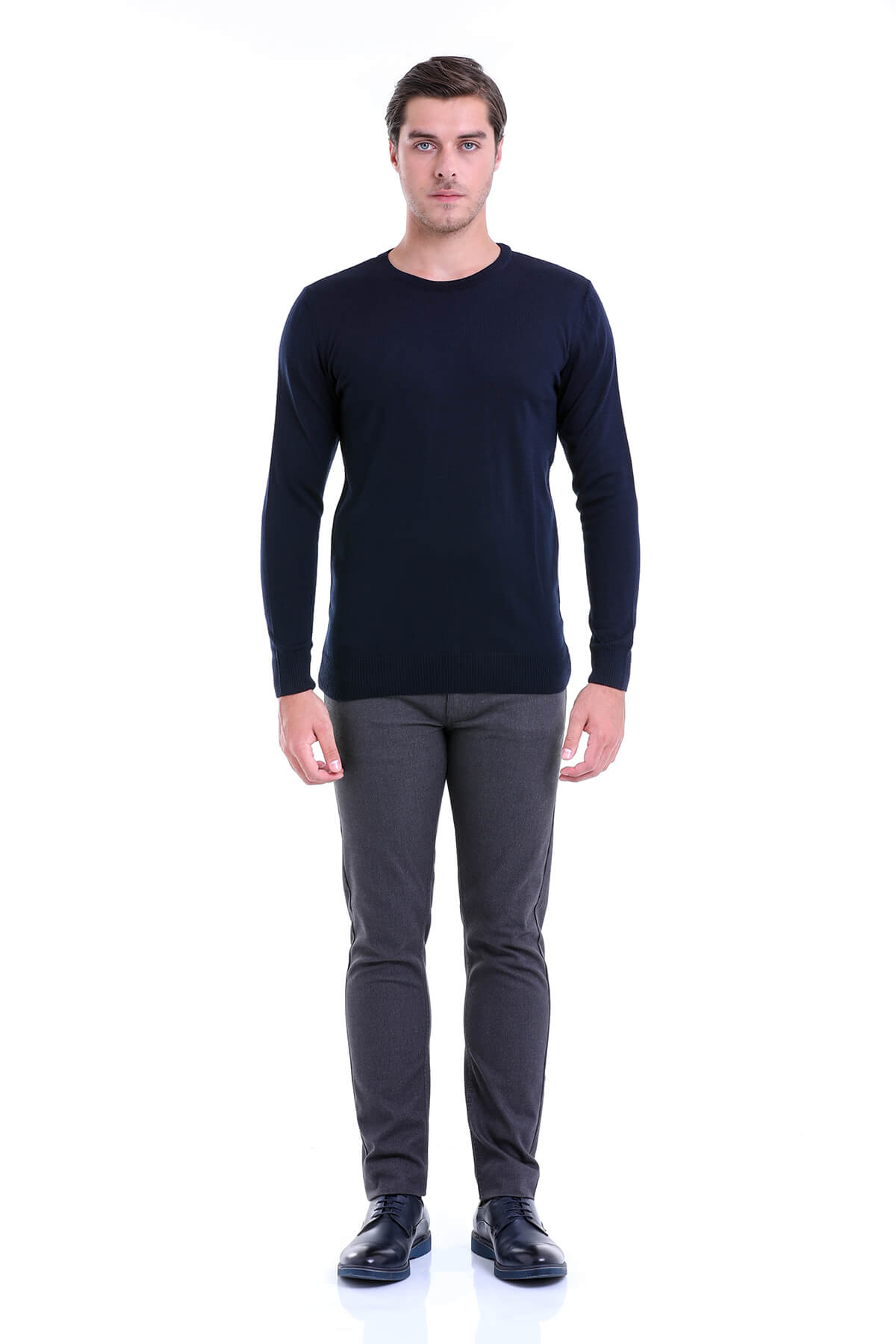 Comfort Fit Wool Blend Navy Crewneck Sweater - SAYKI