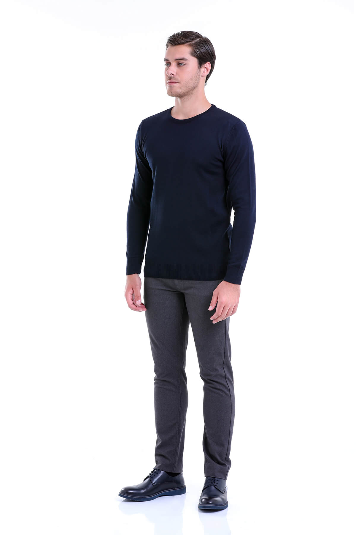Comfort Fit Wool Blend Navy Crewneck Sweater - SAYKI