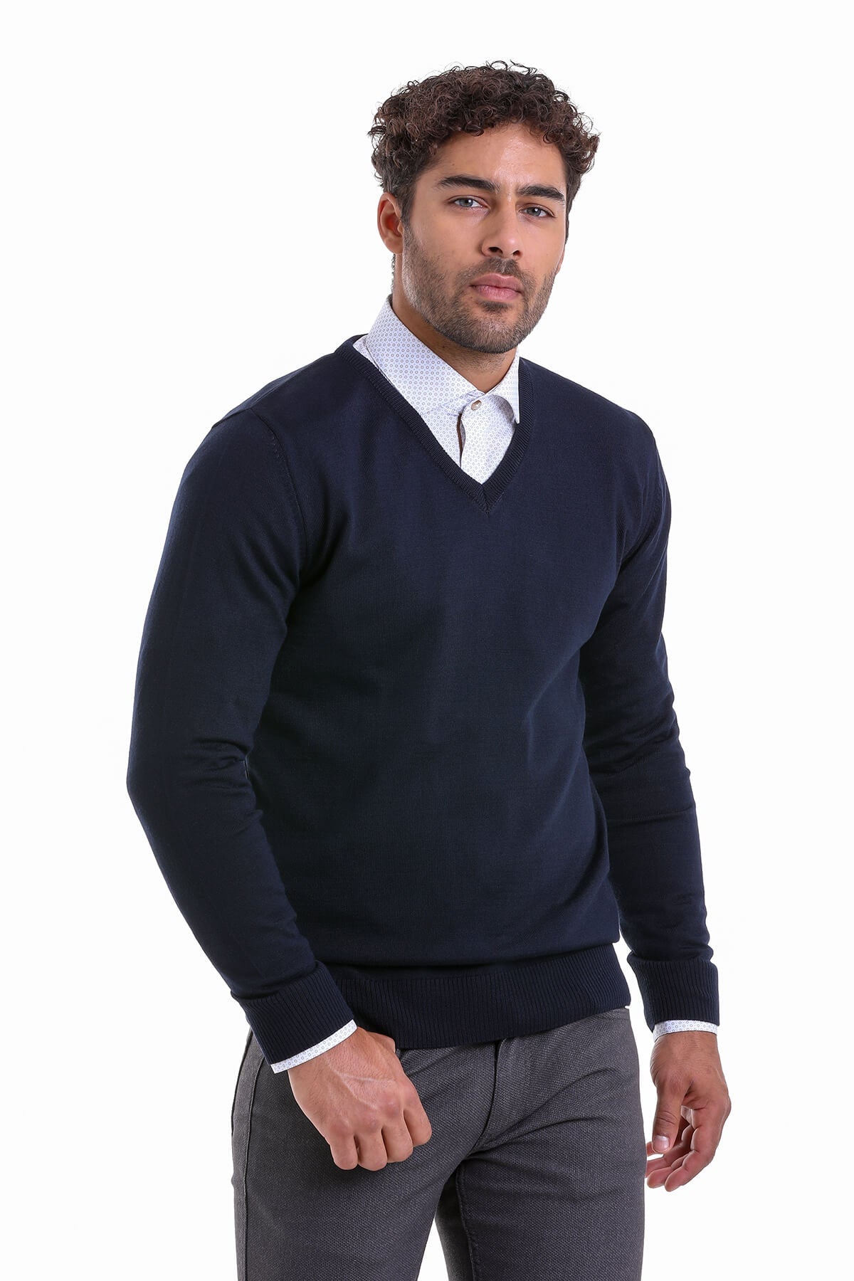 Comfort Fit Wool Blend Navy V-Neck Sweater - SAYKI