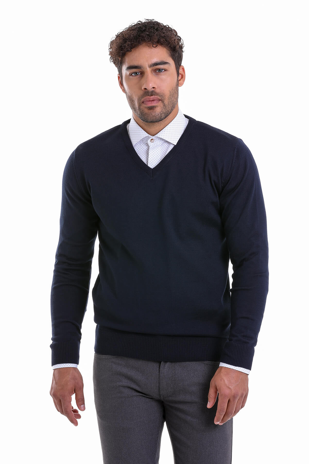 Comfort Fit Wool Blend Navy V-Neck Sweater - SAYKI