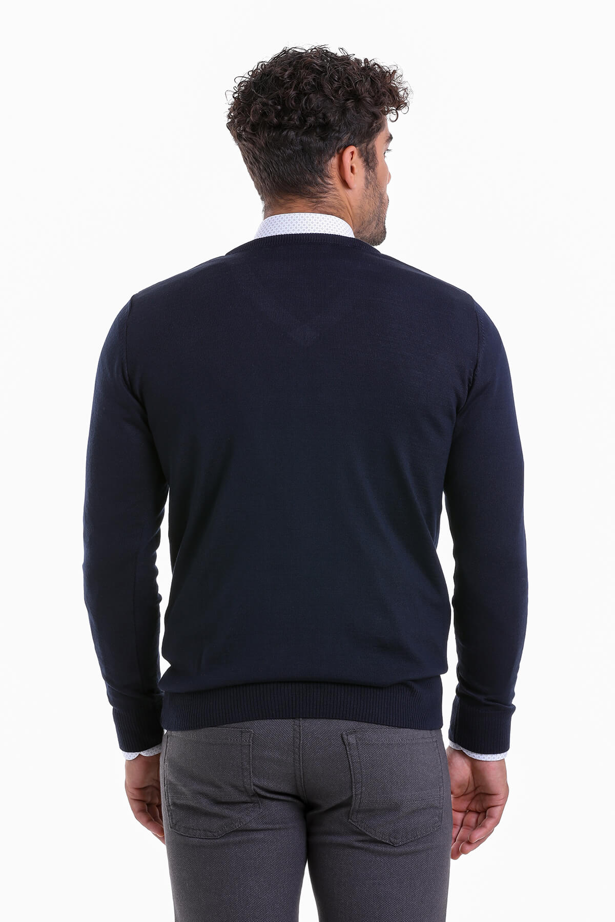 Comfort Fit Wool Blend Navy V-Neck Sweater - SAYKI