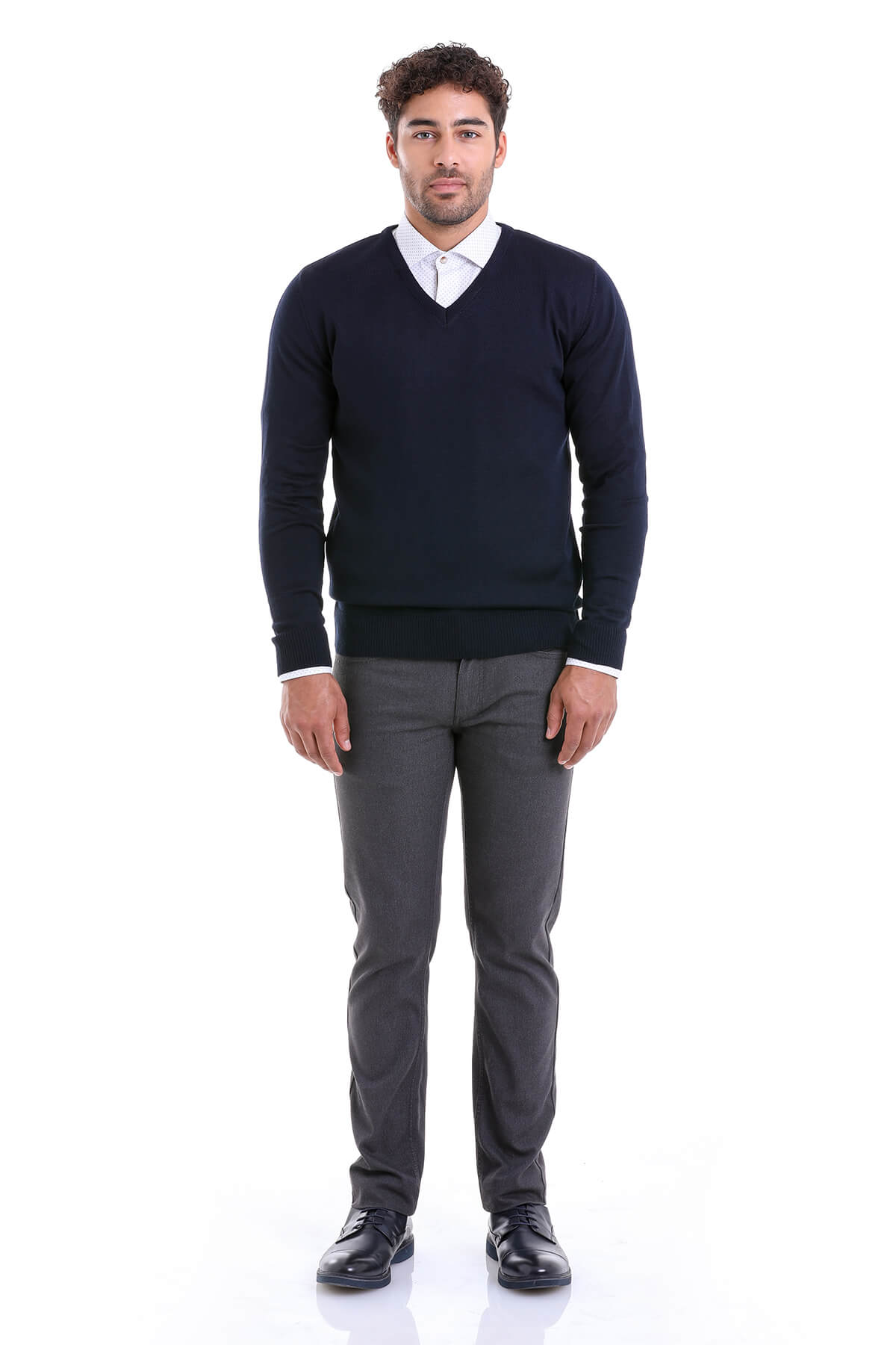 Comfort Fit Wool Blend Navy V-Neck Sweater - SAYKI