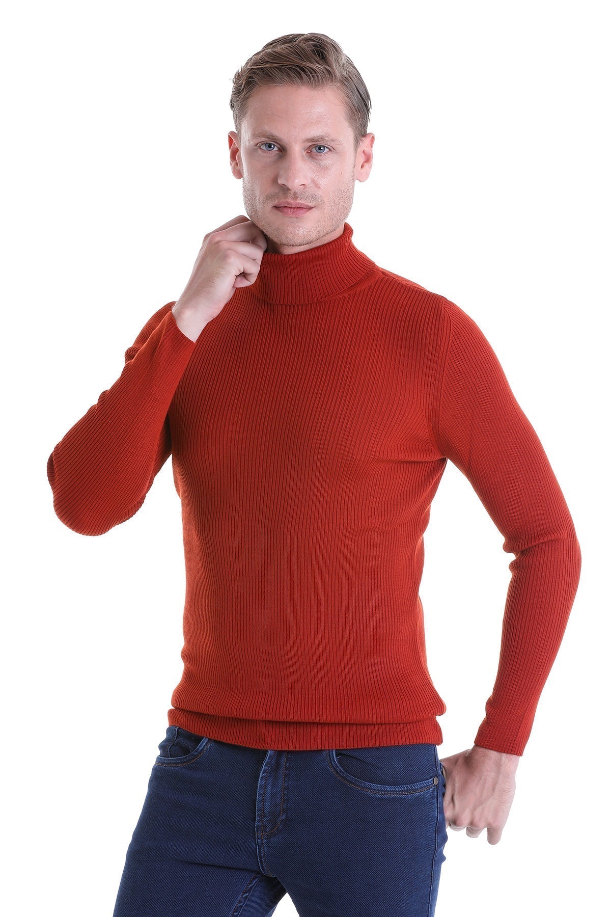 A rich red ribbed knit turtleneck sweater.