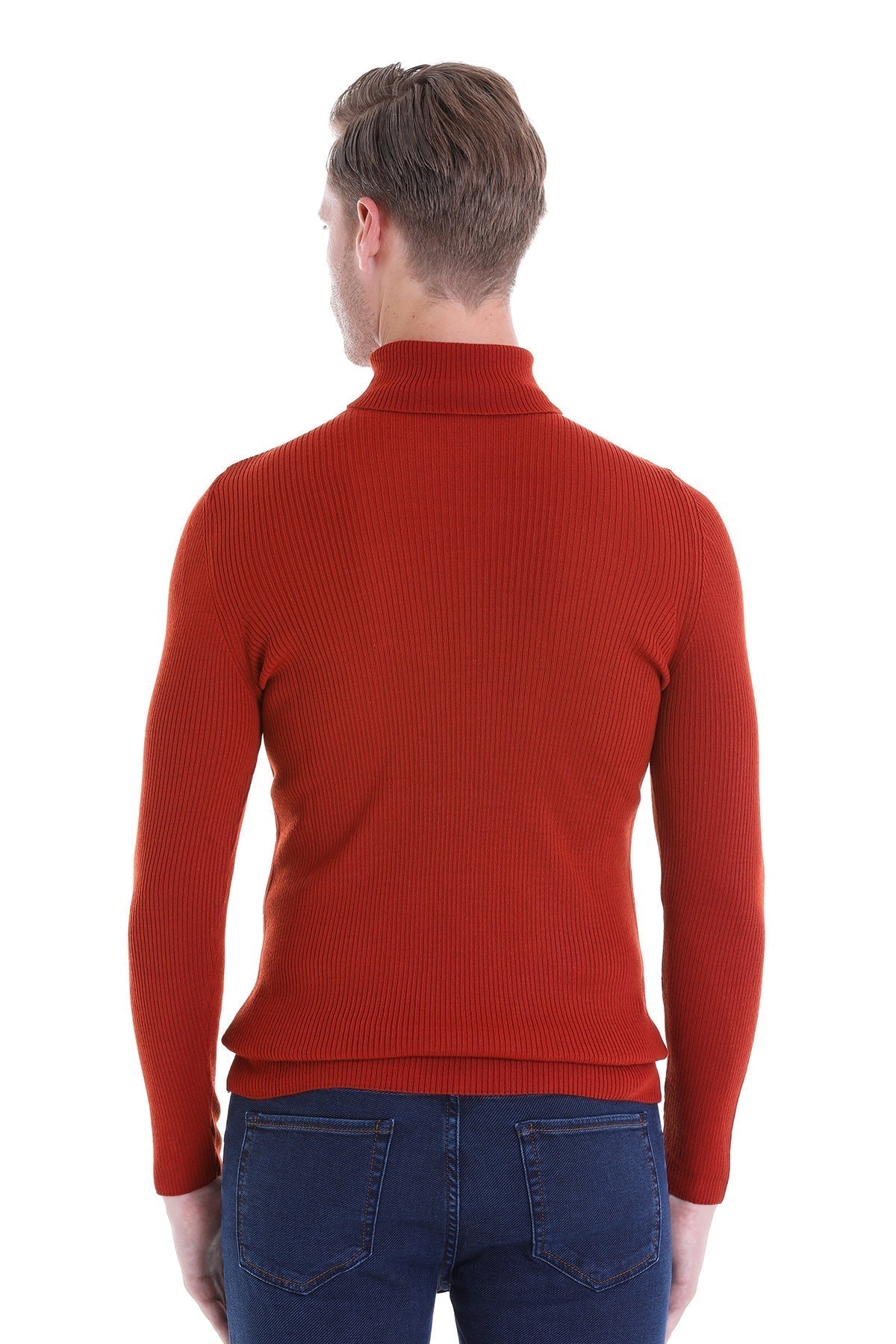 A rich rust-colored ribbed knit turtleneck sweater.