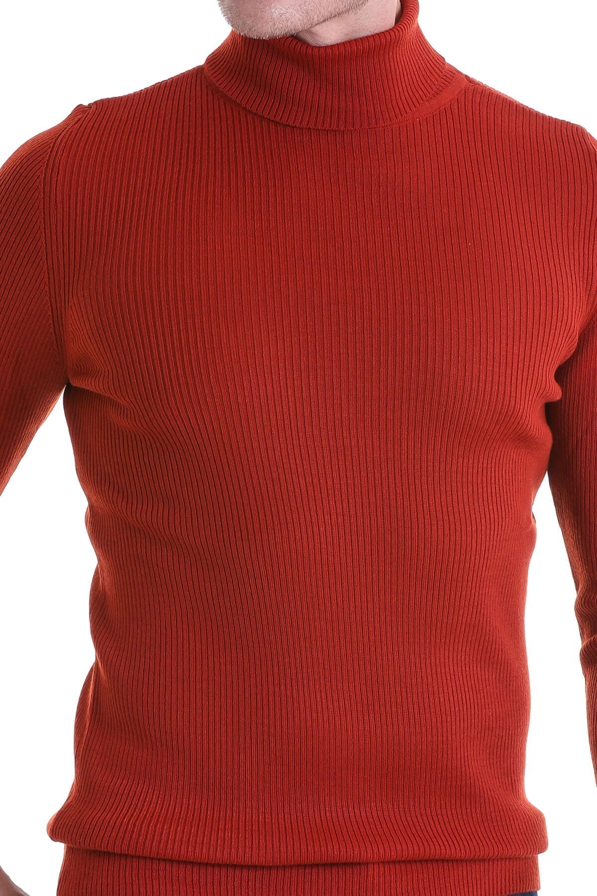 A rich red ribbed knit turtleneck sweater.