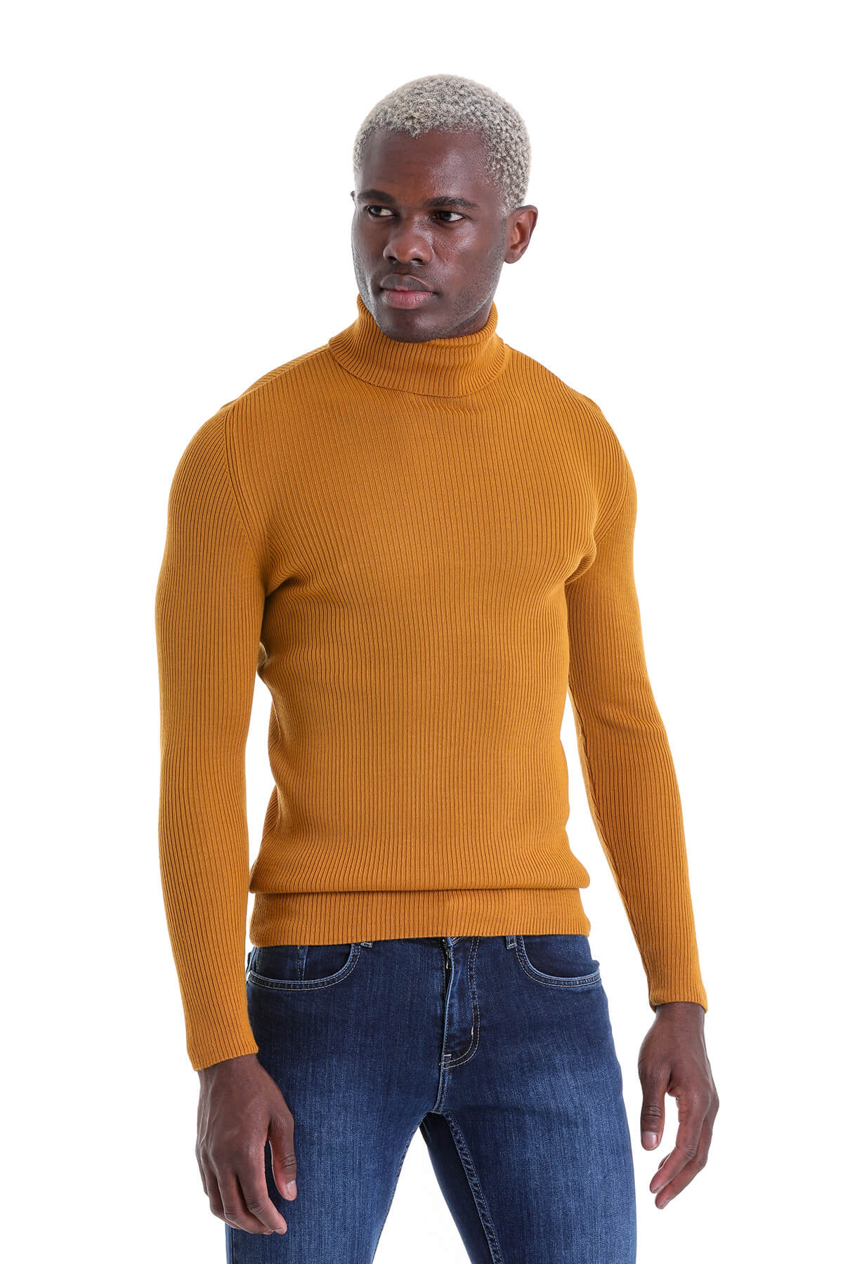 A mustard-yellow ribbed knit turtleneck sweater.