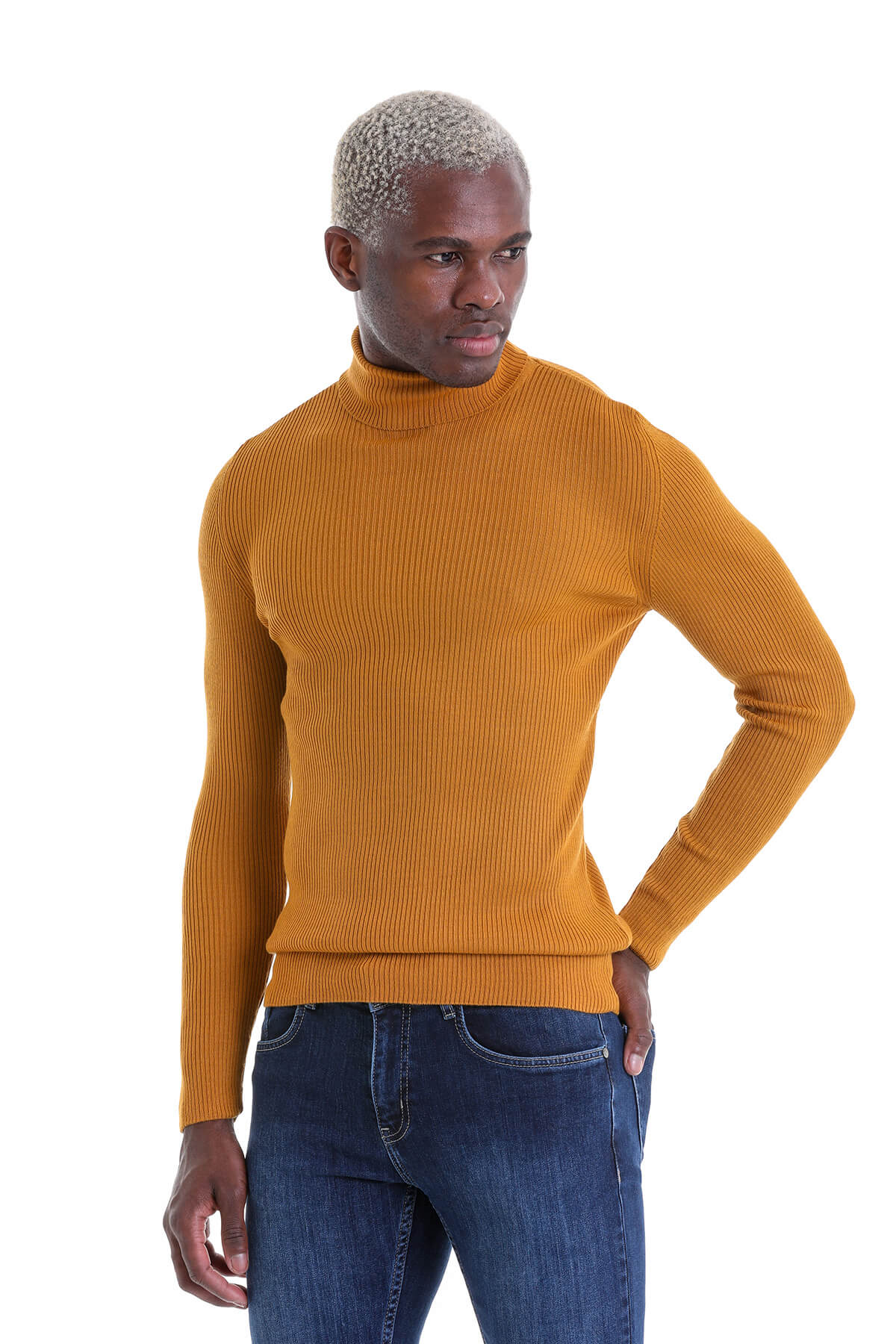 Comfort Fit Wool Blend Saffron Turtleneck Sweater - SAYKI