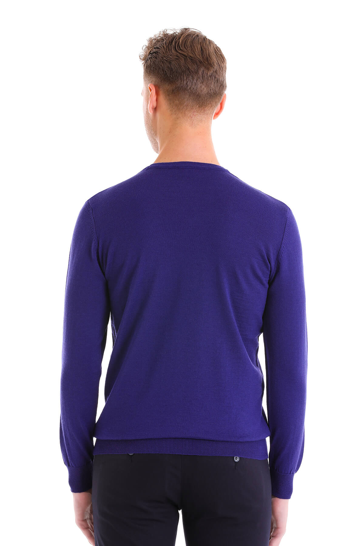 Comfort Fit Wool Blend Sax Blue Crewneck Sweater - SAYKI