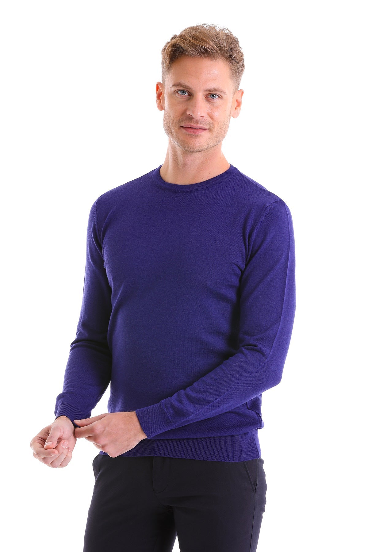 Comfort Fit Wool Blend Sax Blue Crewneck Sweater - SAYKI