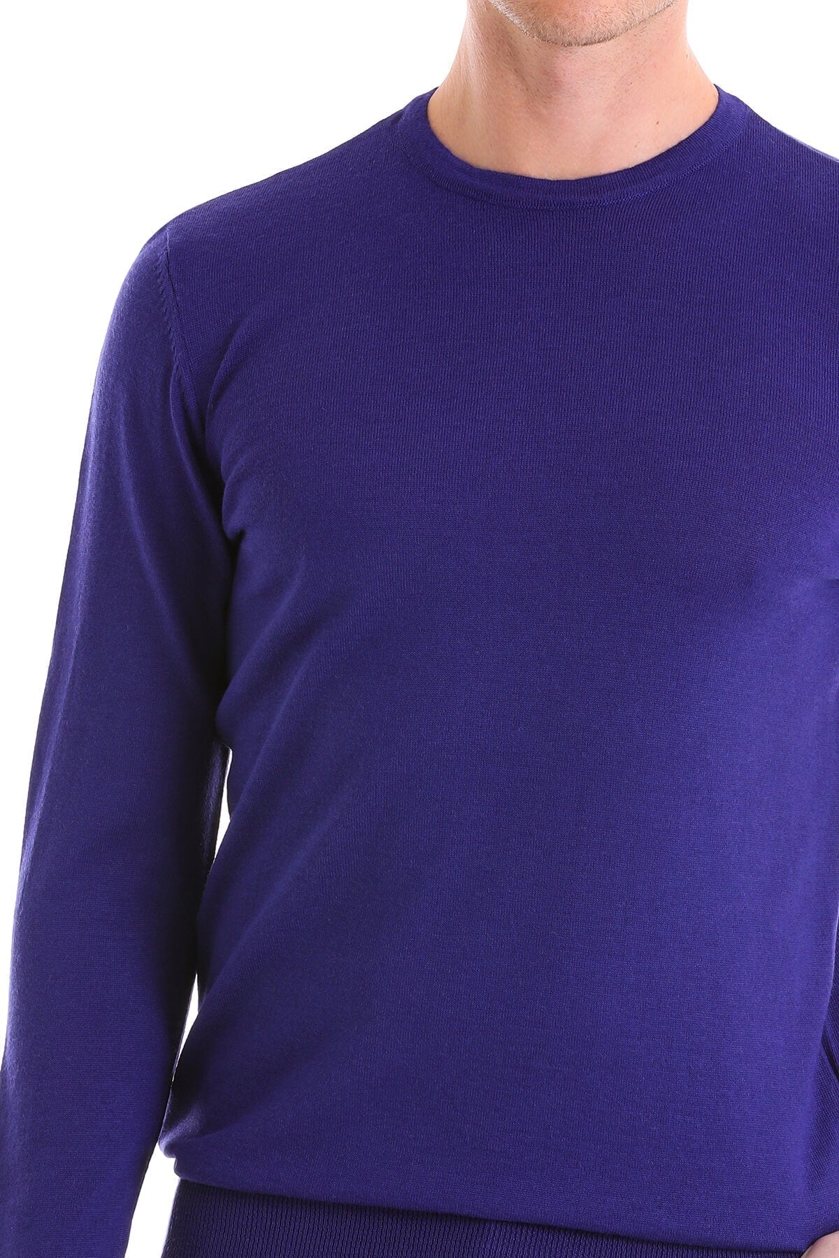 Comfort Fit Wool Blend Sax Blue Crewneck Sweater - SAYKI
