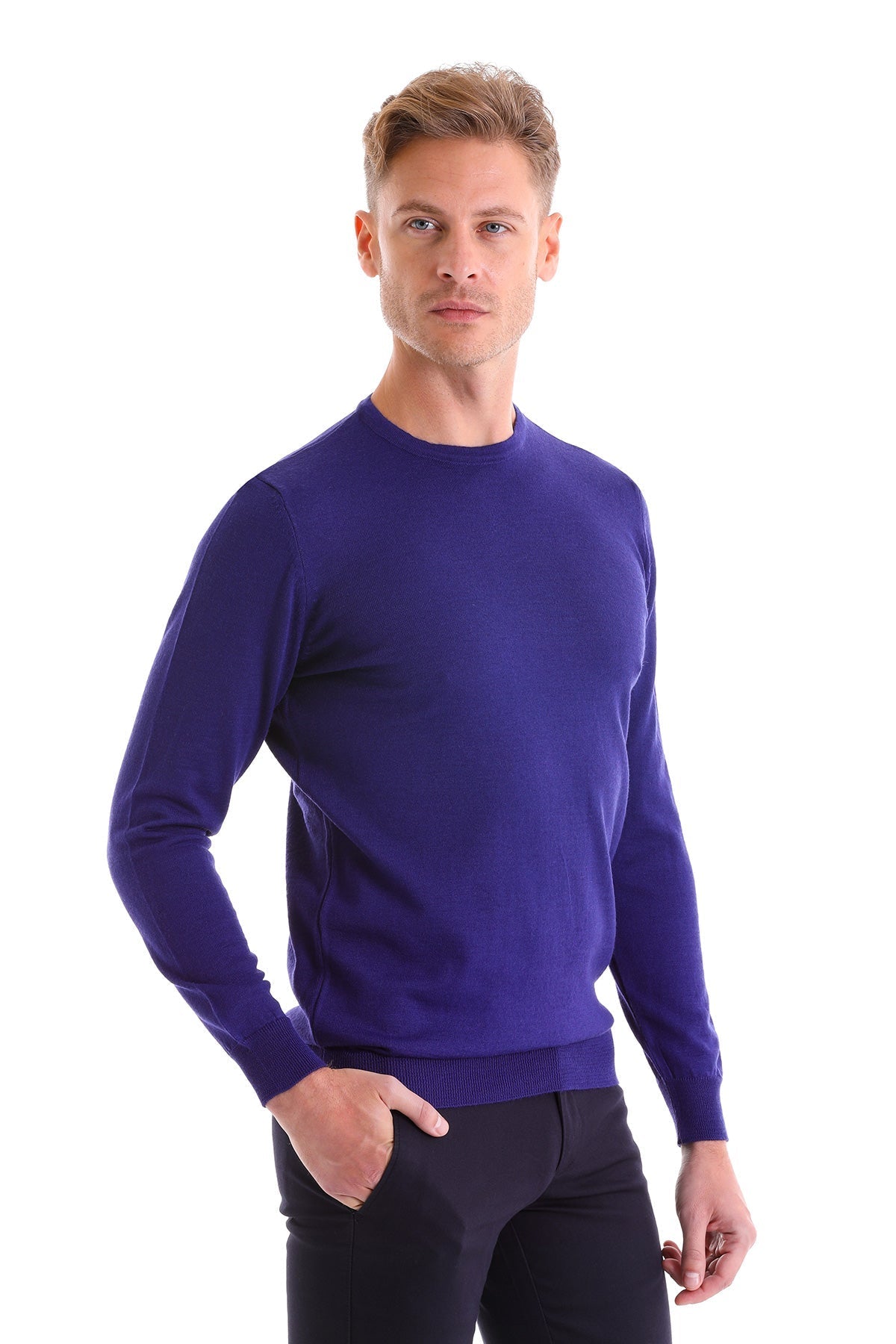 Comfort Fit Wool Blend Sax Blue Crewneck Sweater - SAYKI