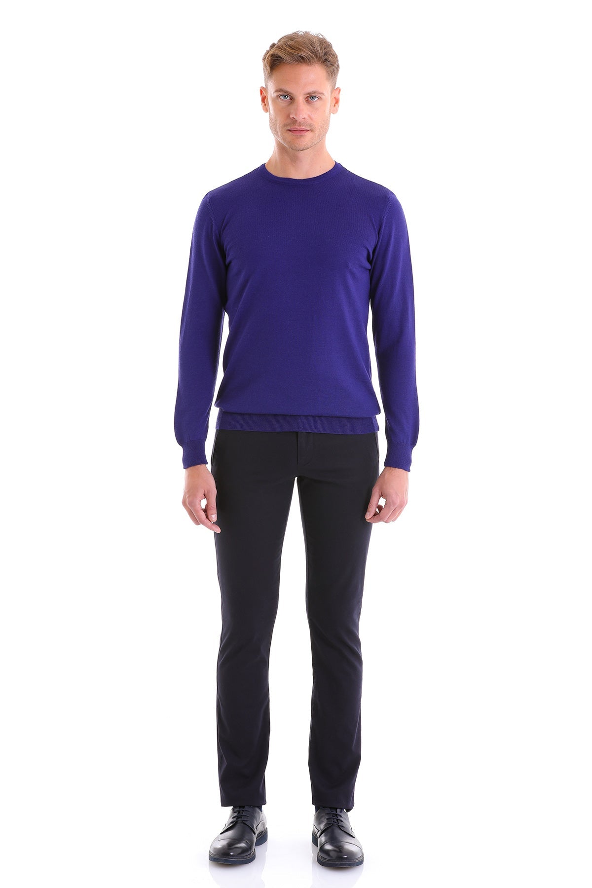 Comfort Fit Wool Blend Sax Blue Crewneck Sweater - SAYKI