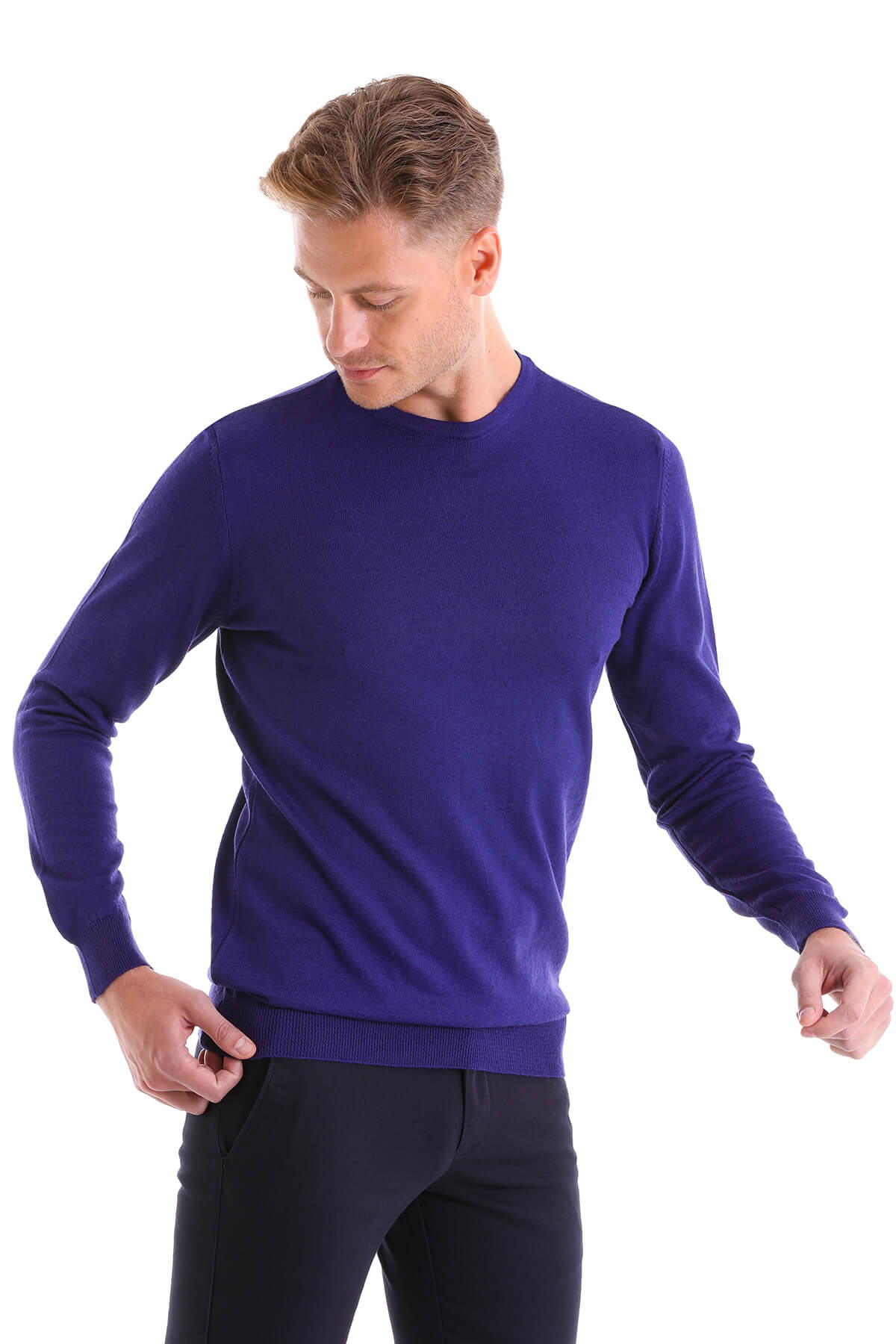 Comfort Fit Wool Blend Sax Blue Crewneck Sweater - SAYKI