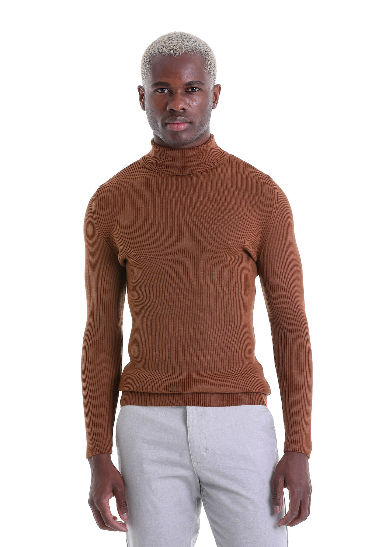 Comfort Fit Wool Blend Tobacco Turtleneck Sweater - SAYKI