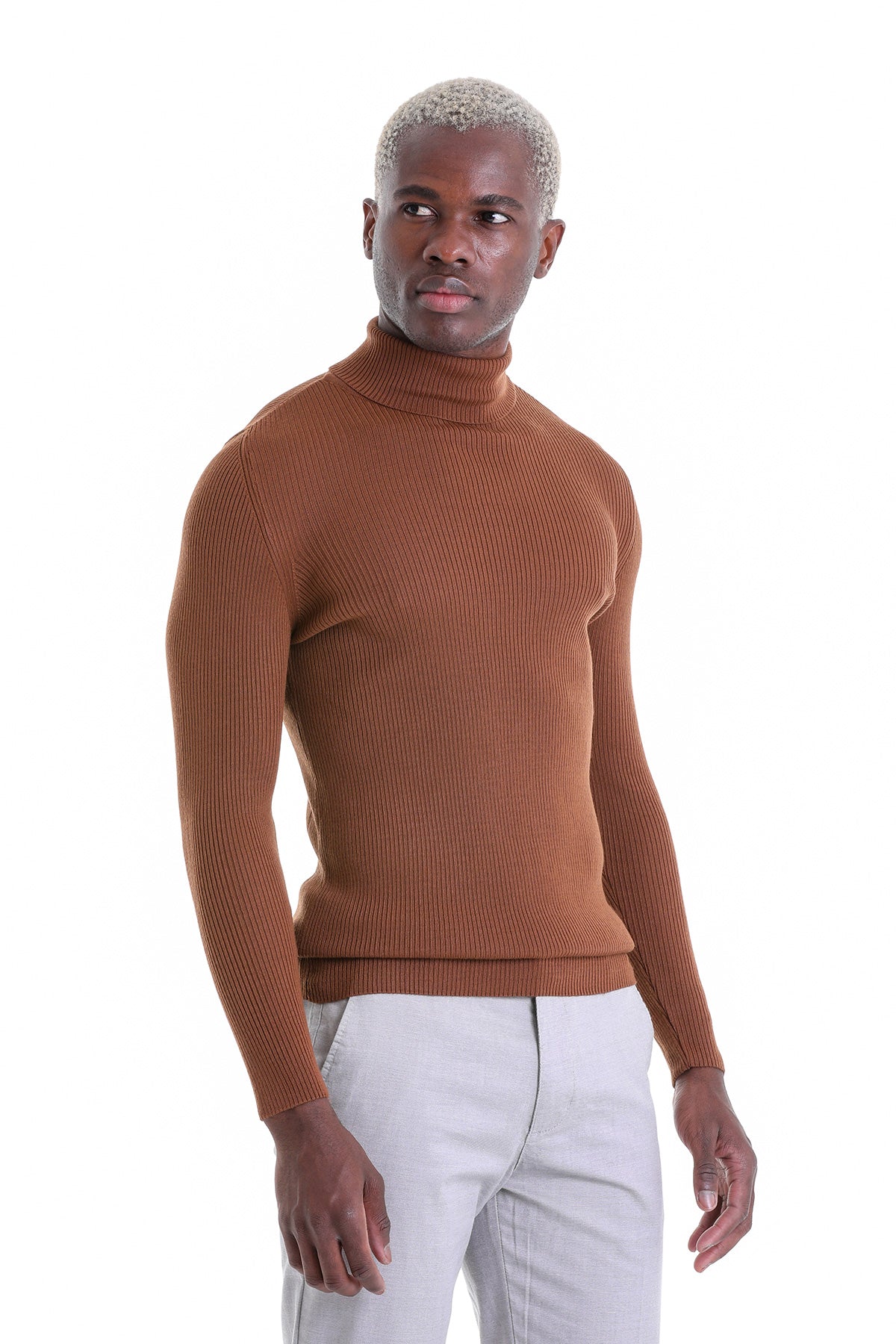 Comfort Fit Wool Blend Tobacco Turtleneck Sweater - SAYKI