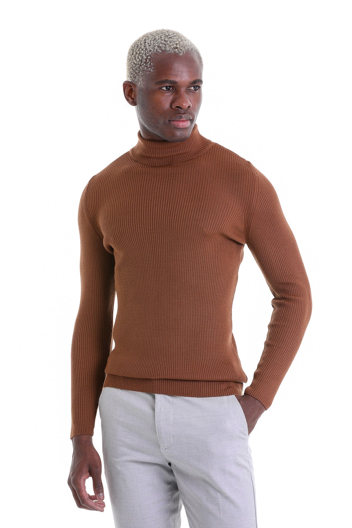Comfort Fit Wool Blend Tobacco Turtleneck Sweater - SAYKI