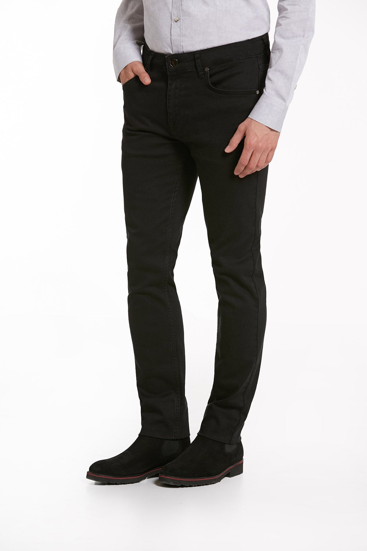 Black slim-fit denim jeans with a classic five-pocket design and subtle stitching details.