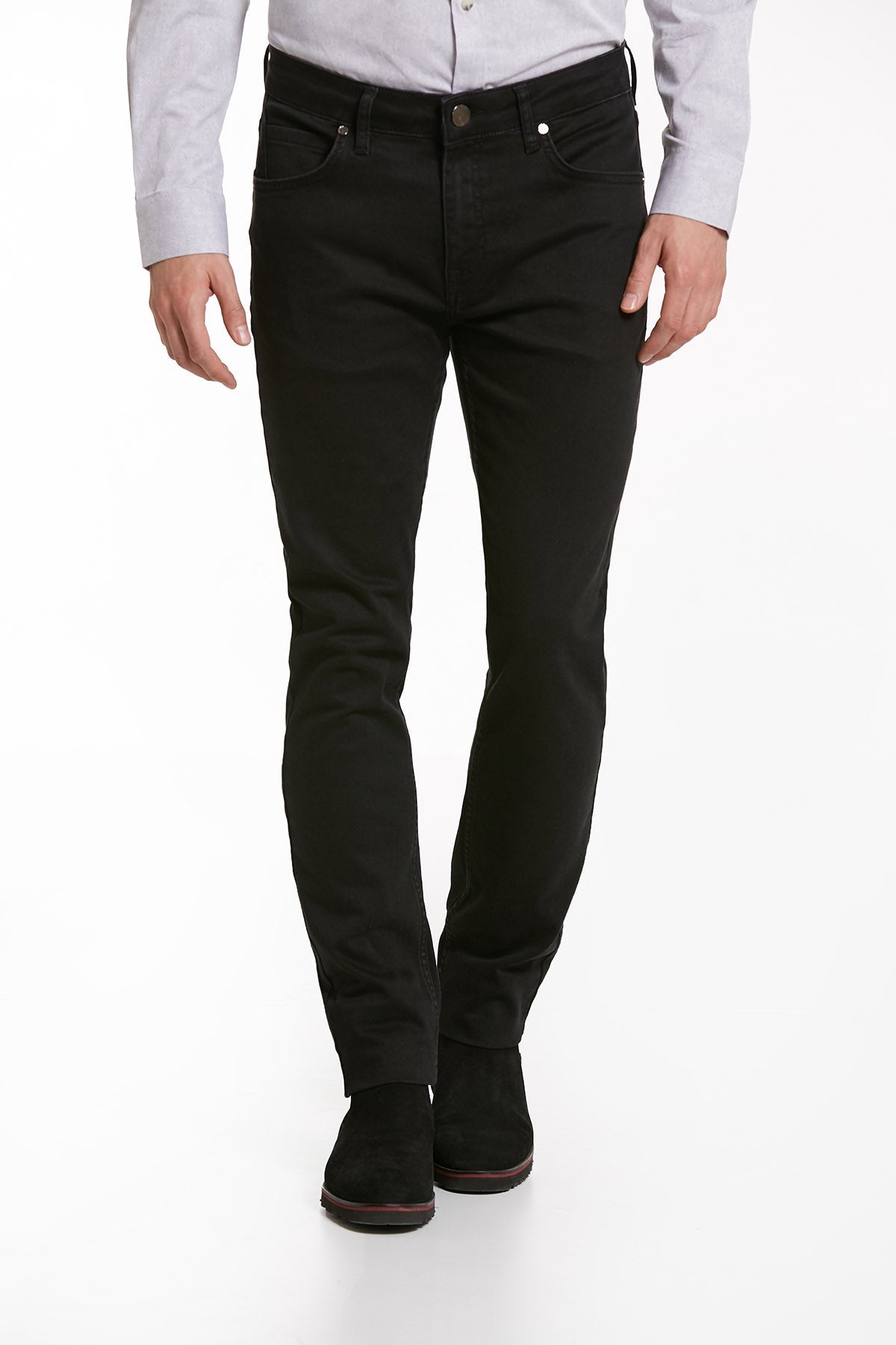 Black slim-fit denim jeans with a classic five-pocket design and silver-toned hardware.