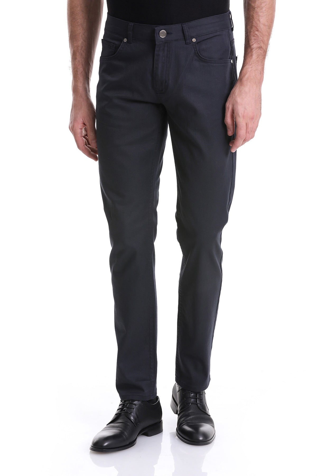 Dark navy blue slim-fit denim jeans with a classic five-pocket design and silver-toned hardware.