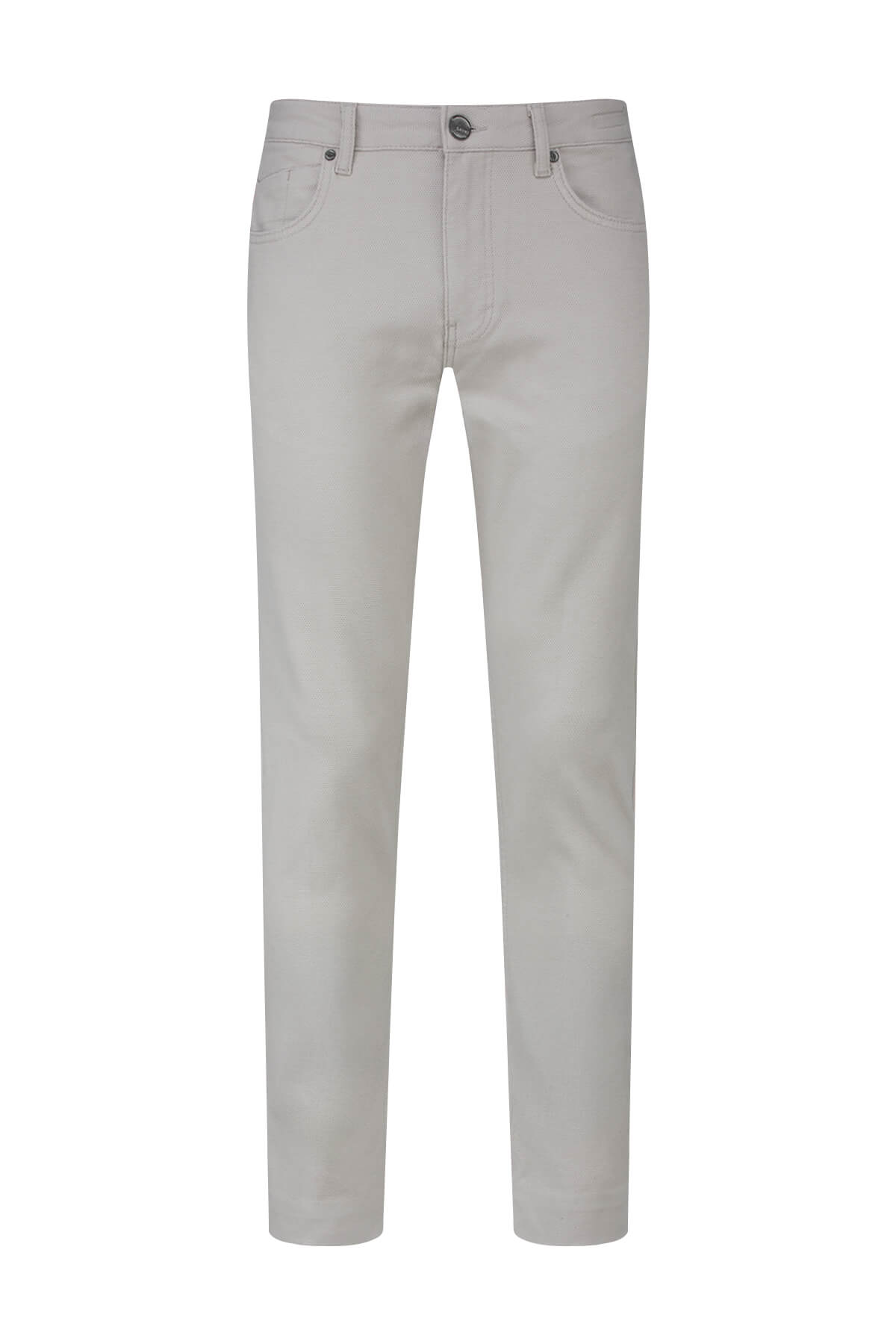 Beige linen-tone dynamic fit chino trousers with five-pocket design and button closure for smart casual wear