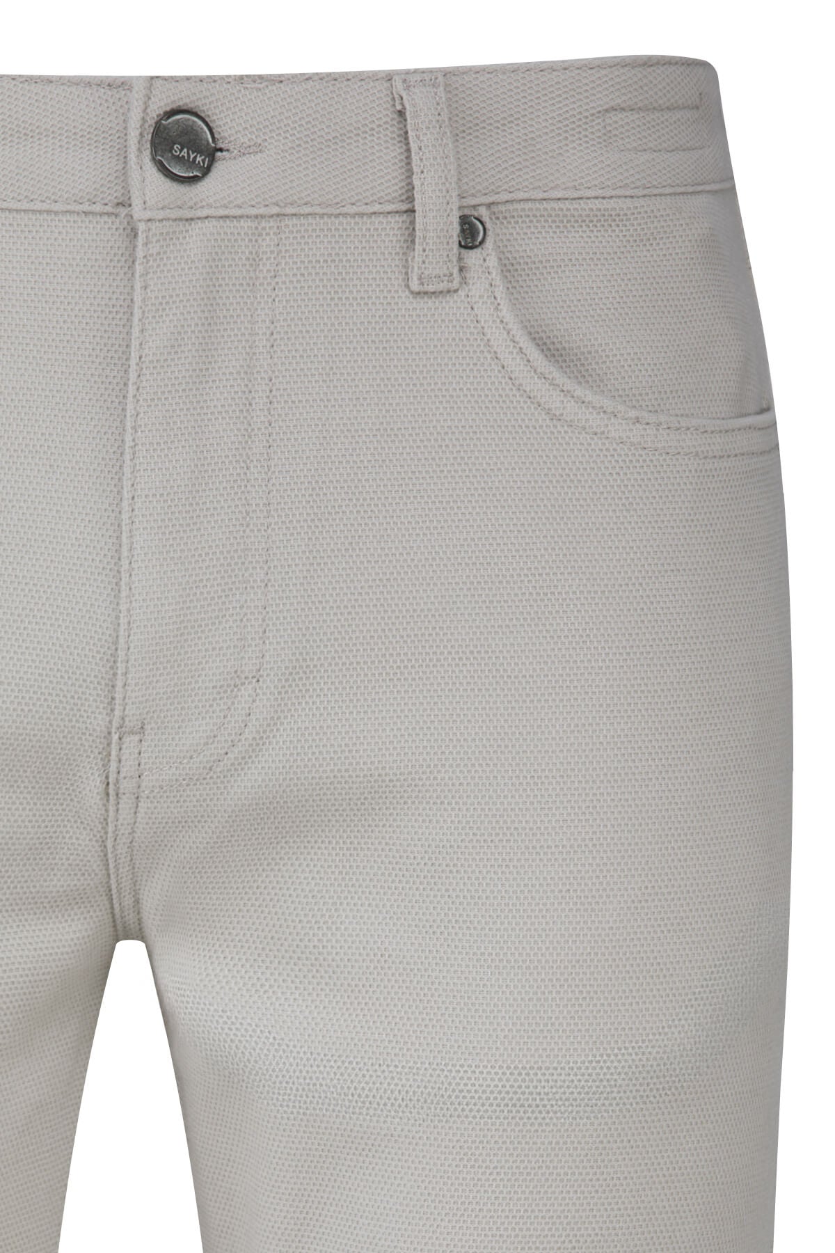 Light gray dynamic fit pocket low waist linen-tone casual pants with subtle textured weave and silver button closure
