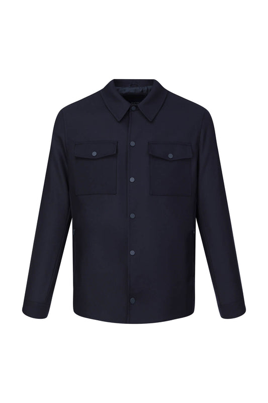 Dark navy blue long-sleeved button-up shirt with two chest pockets and a classic collar.