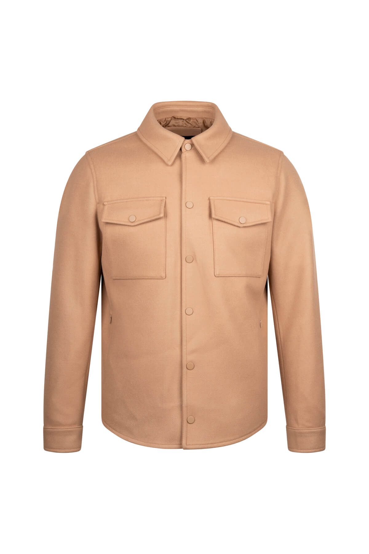 Beige dynamic fit camel wool-blend shirt jacket with shirt collar and chest pockets for smart casual wear