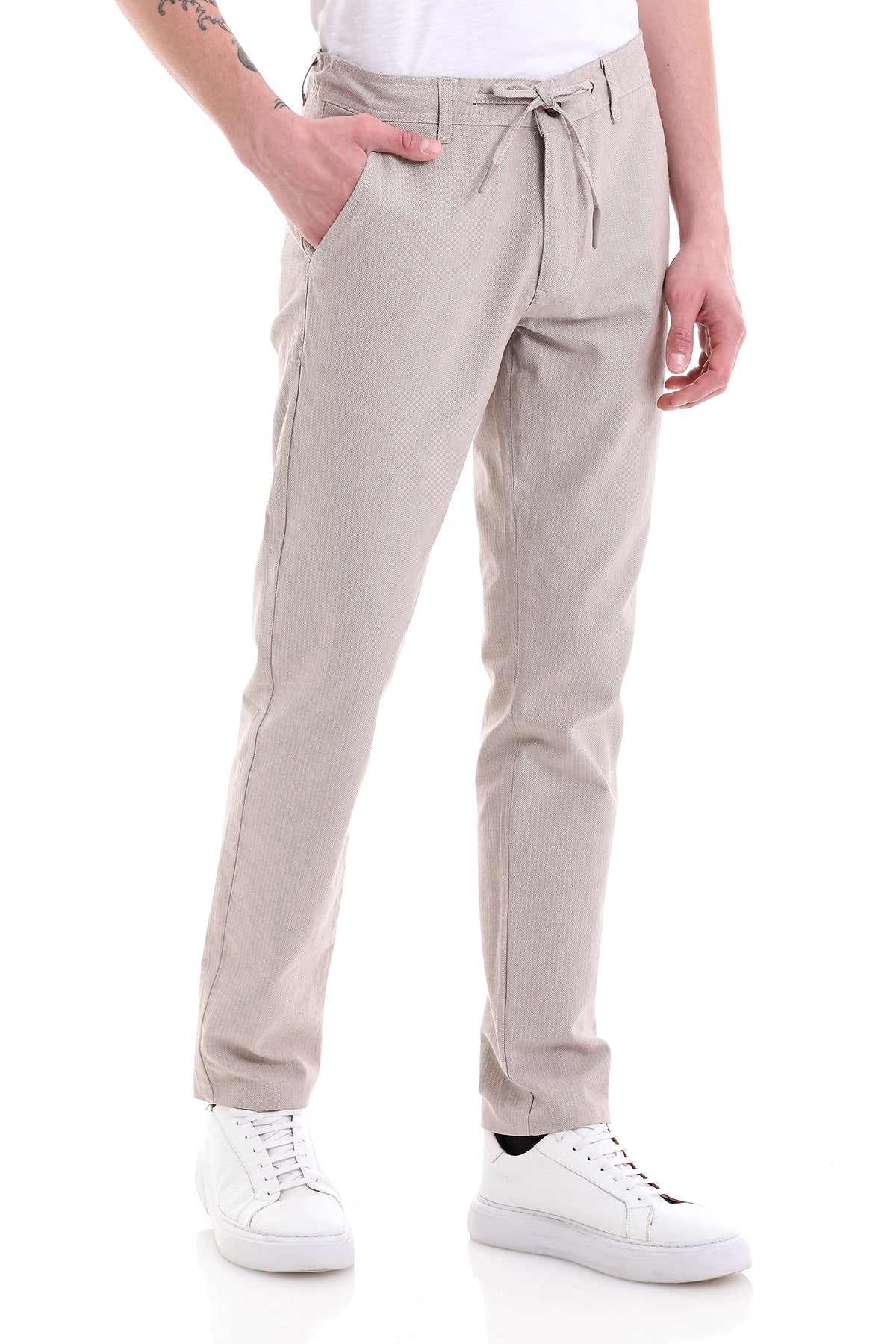 Dynamic Fit Cotton Beige Casual Chino Pants - SAYKI