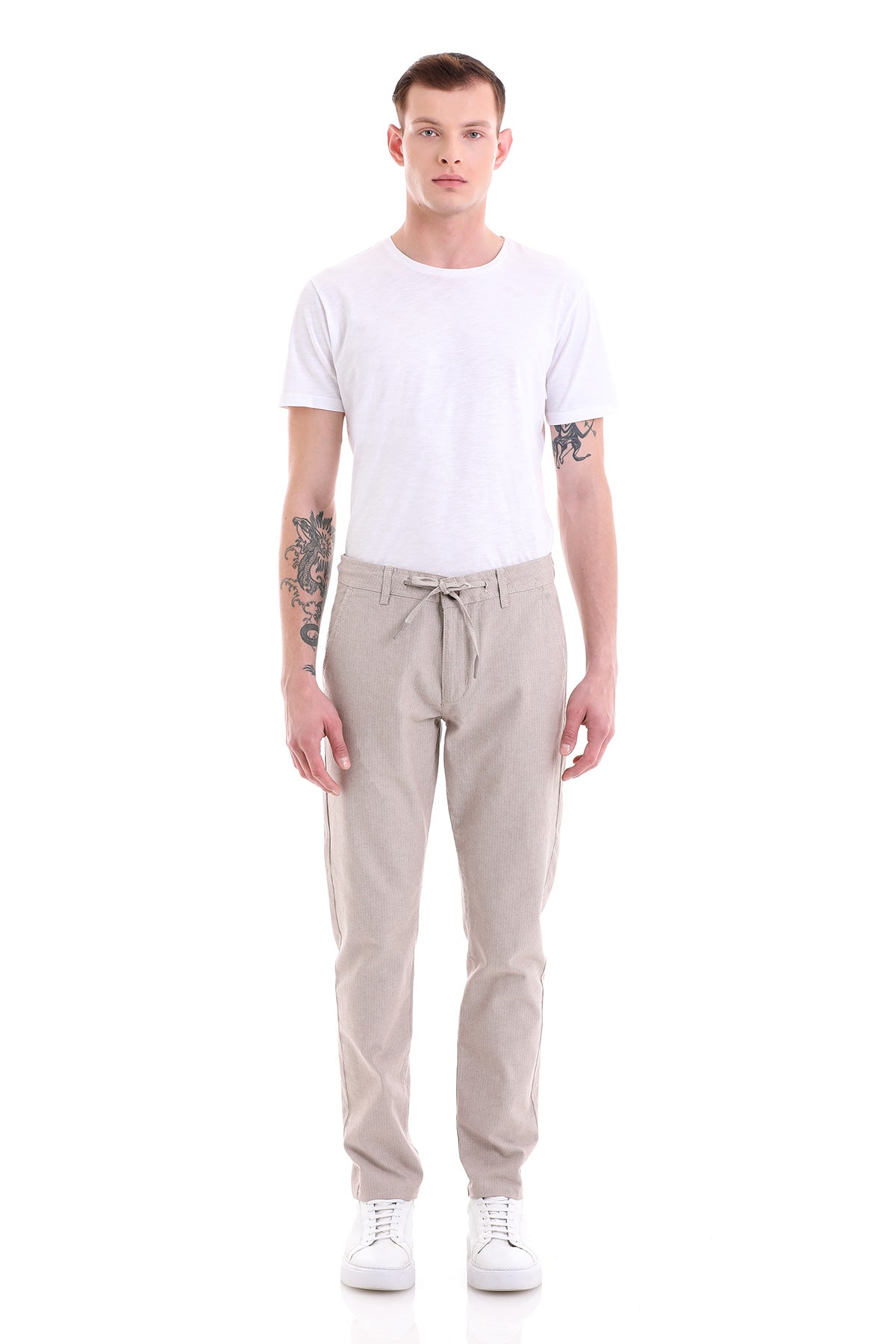 Dynamic Fit Cotton Beige Casual Chino Pants - SAYKI