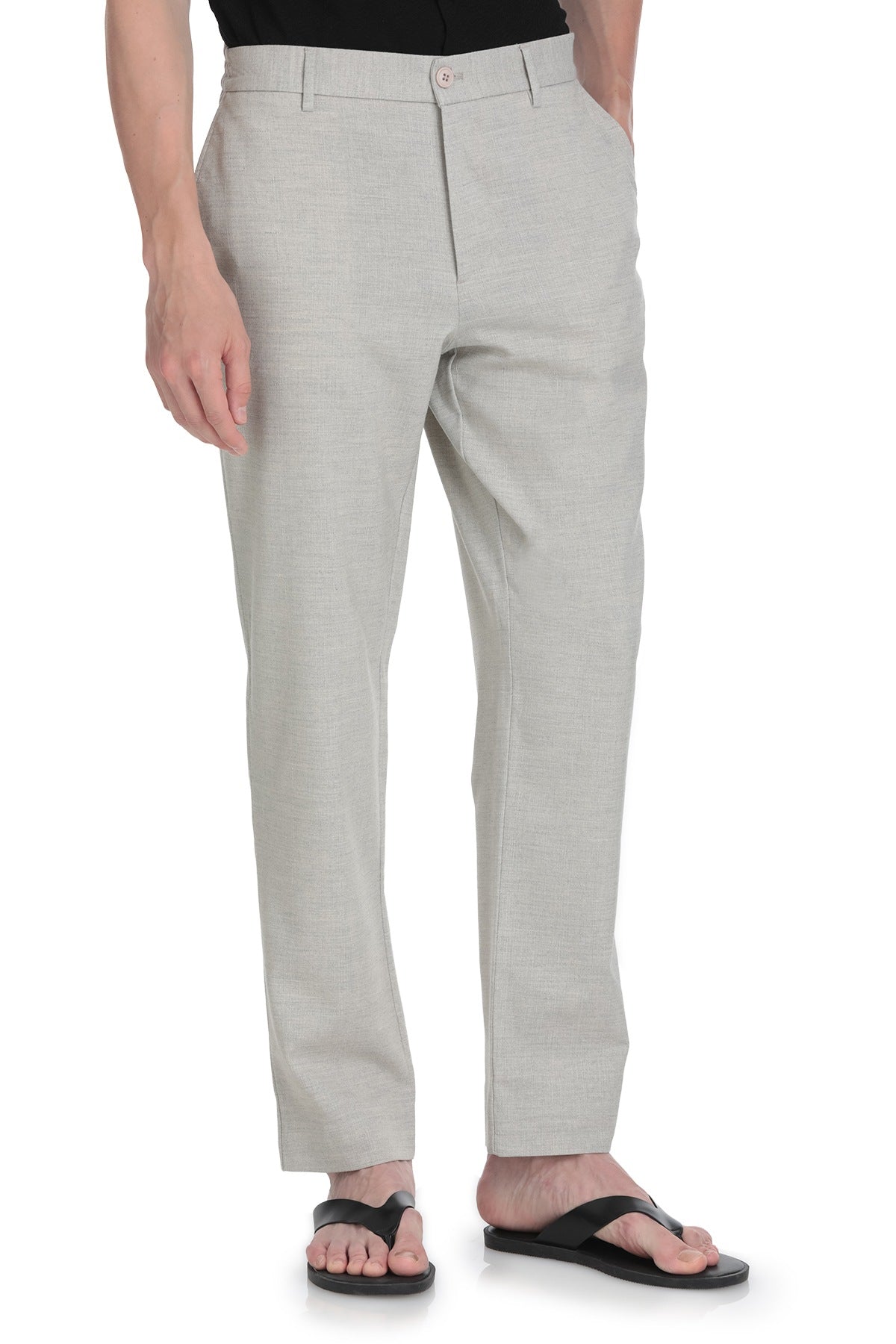 Light gray linen blend jogger pants with subtle texture and classic tapered fit for a dynamic fit gray smart casual look