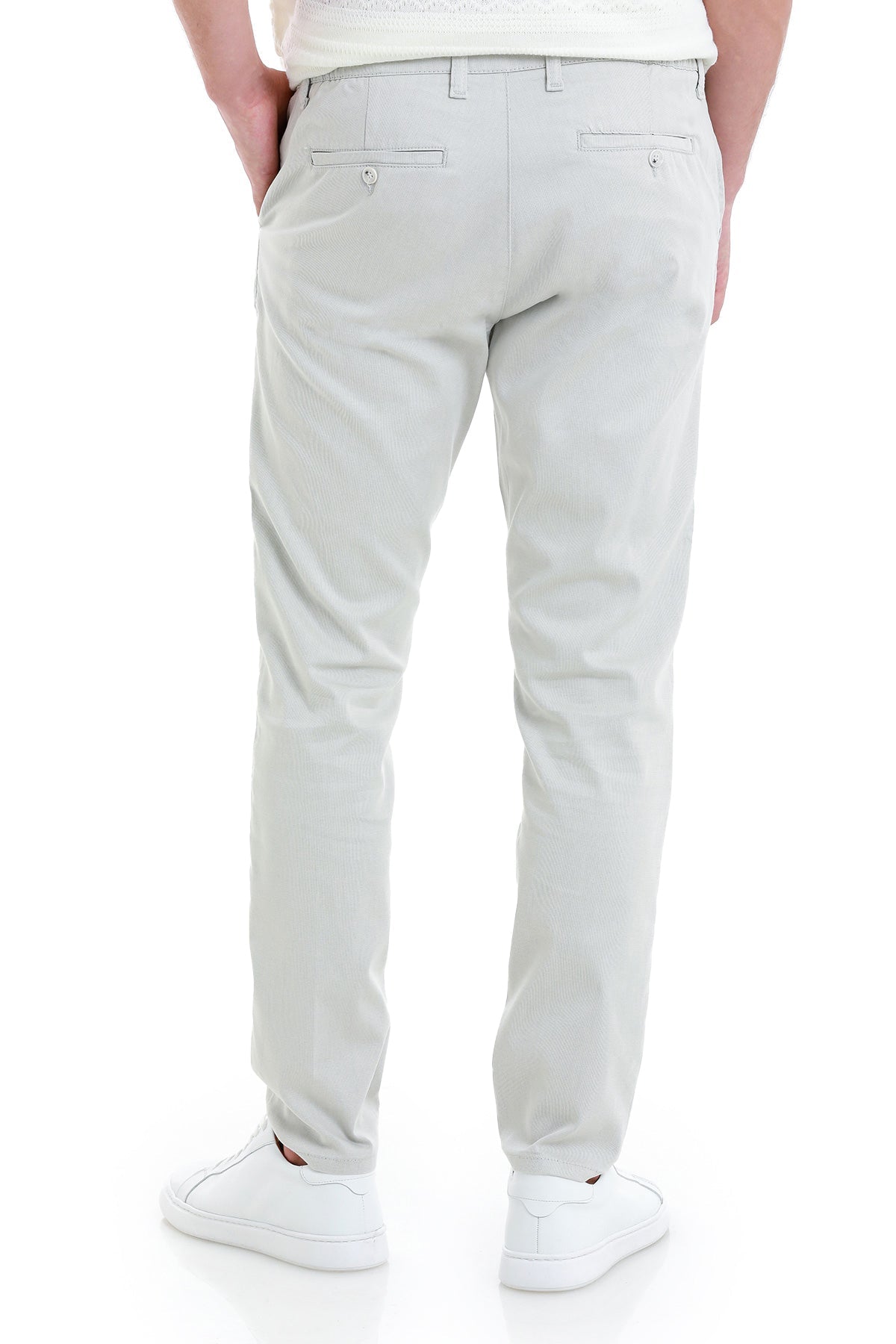 Light gray chino pants with a slim fit and two back pockets.