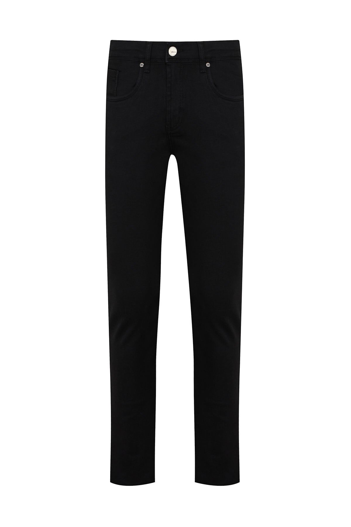 Black slim-fit denim jeans with a classic five-pocket design and silver-toned hardware.