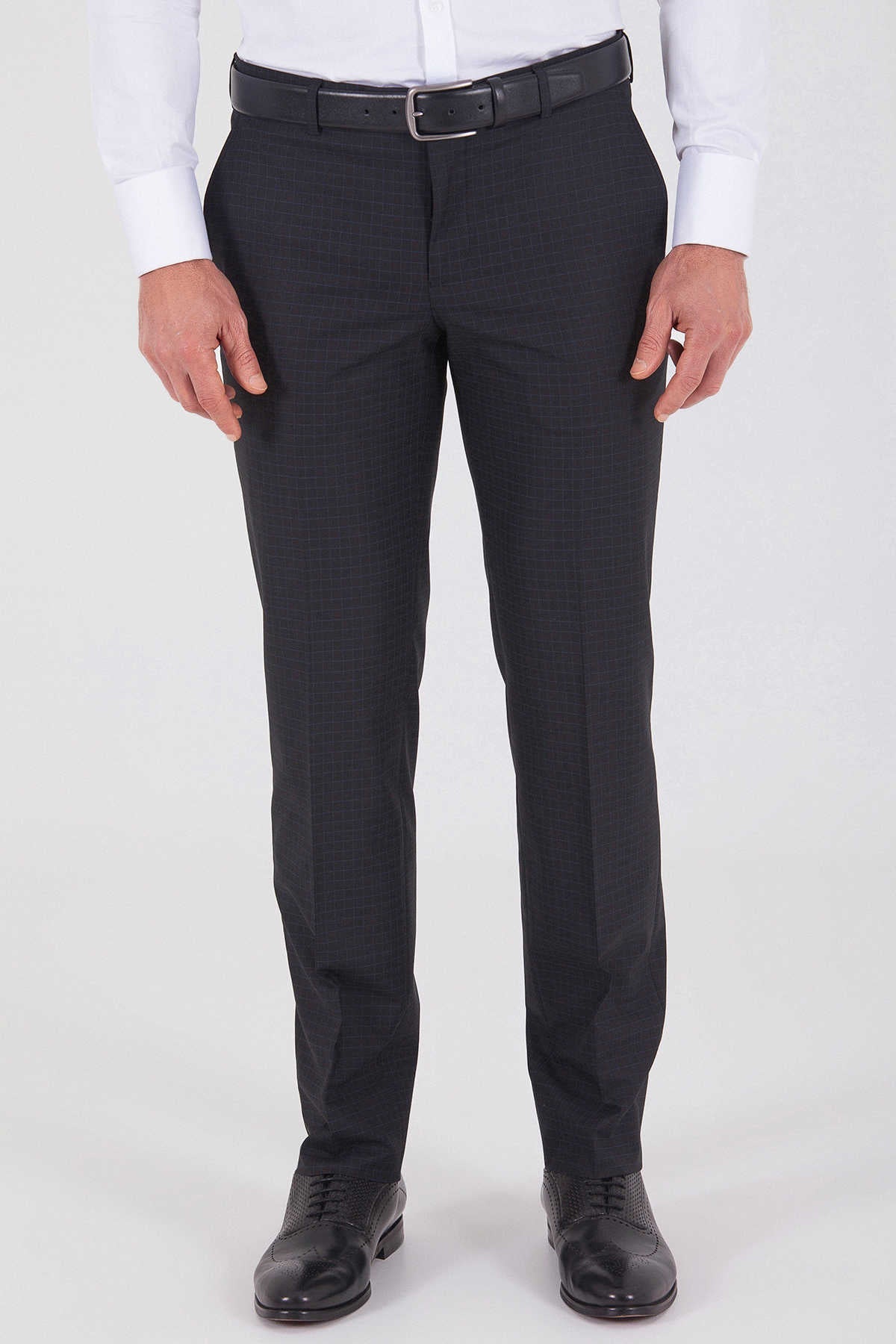 Black formal trousers with a sleek, straight-leg cut and subtle creasing.