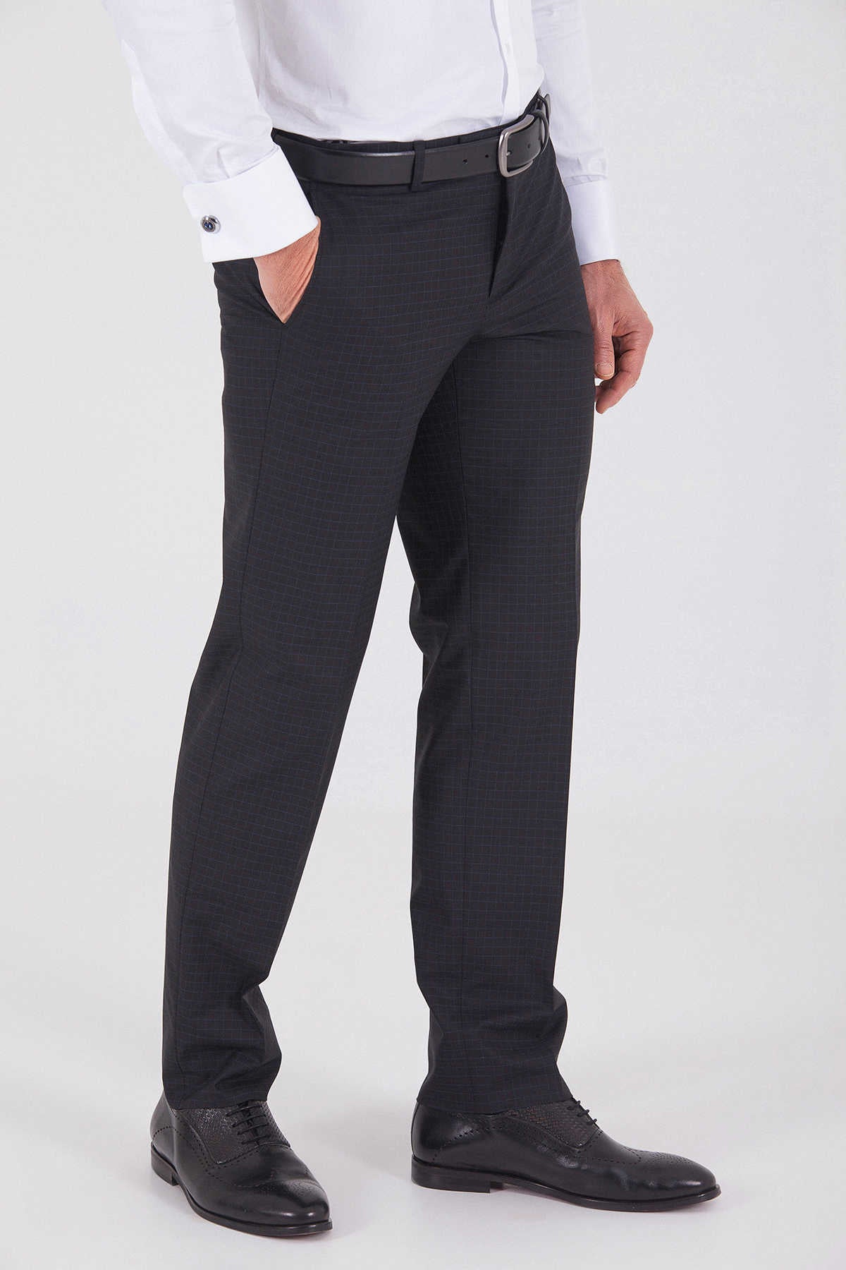 Dynamic Fit Low Waist Windowpane Black Dress Pants - SAYKI