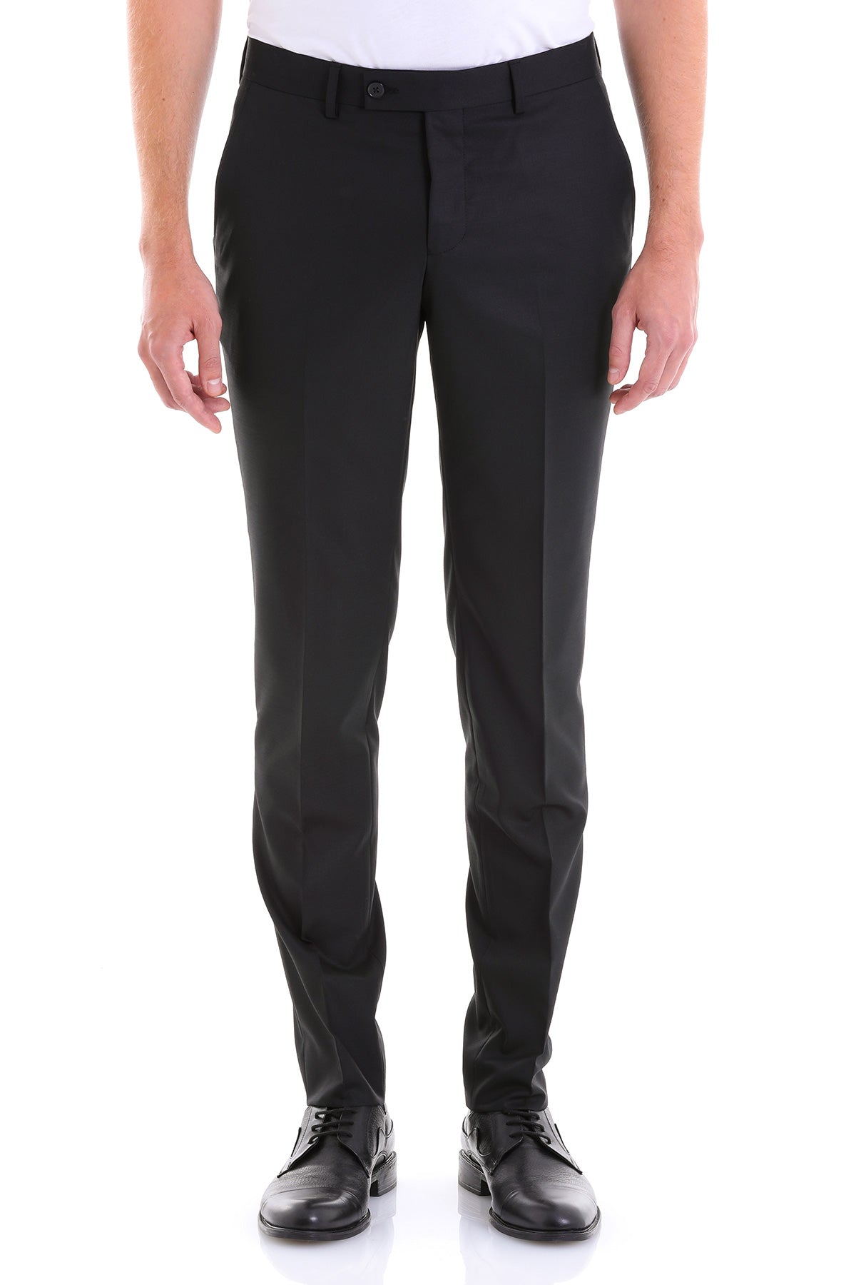 Black tailored men’s dress pants with a sleek, straight-leg cut and subtle creasing.