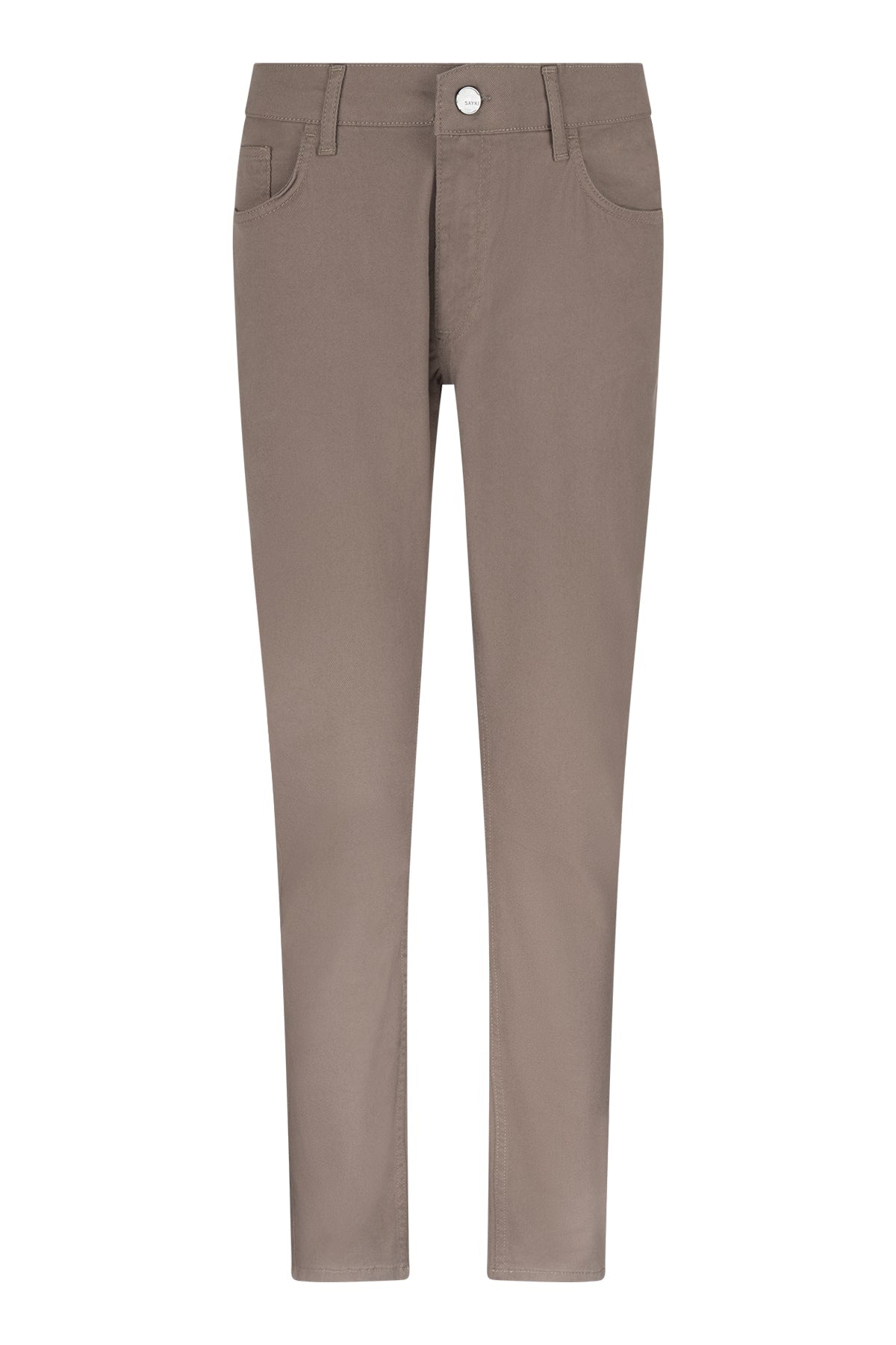 Beige slim-fit trousers with a clean, modern design and subtle stitching details.