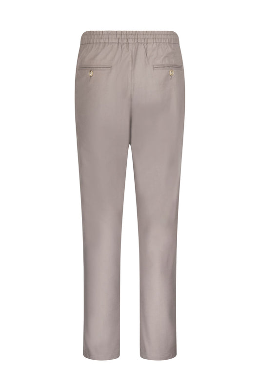 Beige slim-fit trousers with an elastic waistband and subtle front pockets.