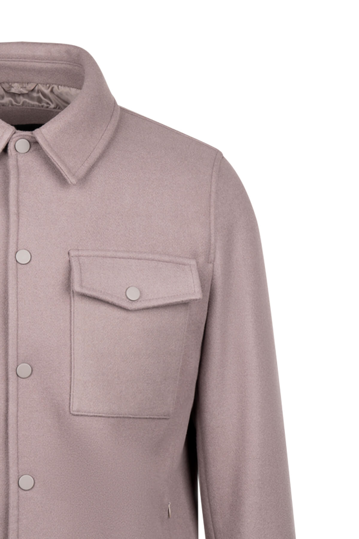 Dynamic fit mauve wool-blend shirt jacket with classic collar buttoned front and chest pocket for smart casual wear