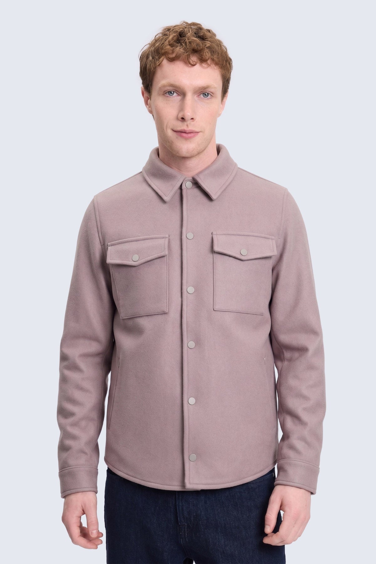 Dynamic fit soft mauve long-sleeved mink wool-blend shirt jacket with collar and chest pockets for smart casual wear