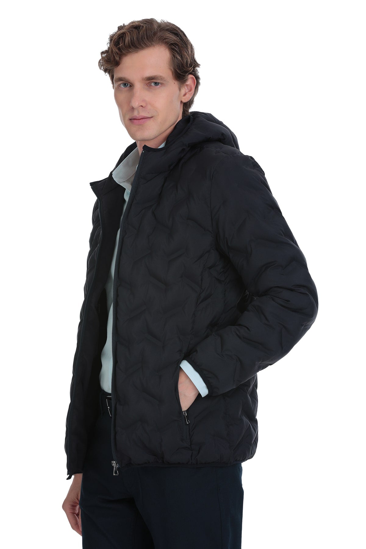 Black quilted hooded jacket with a subtle textured pattern and contrasting light gray inner lining.