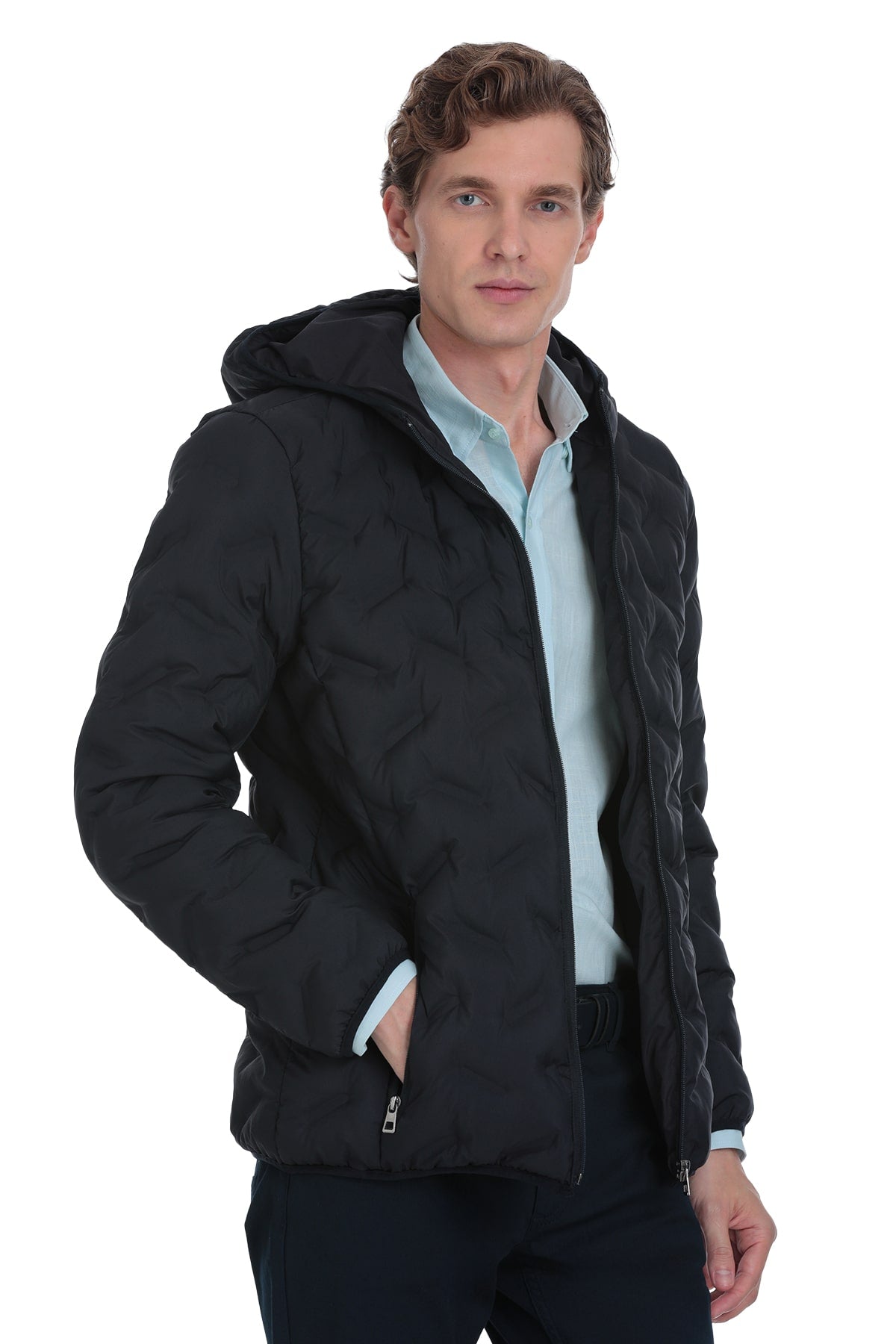 Black quilted hooded jacket with a sleek, modern design.
