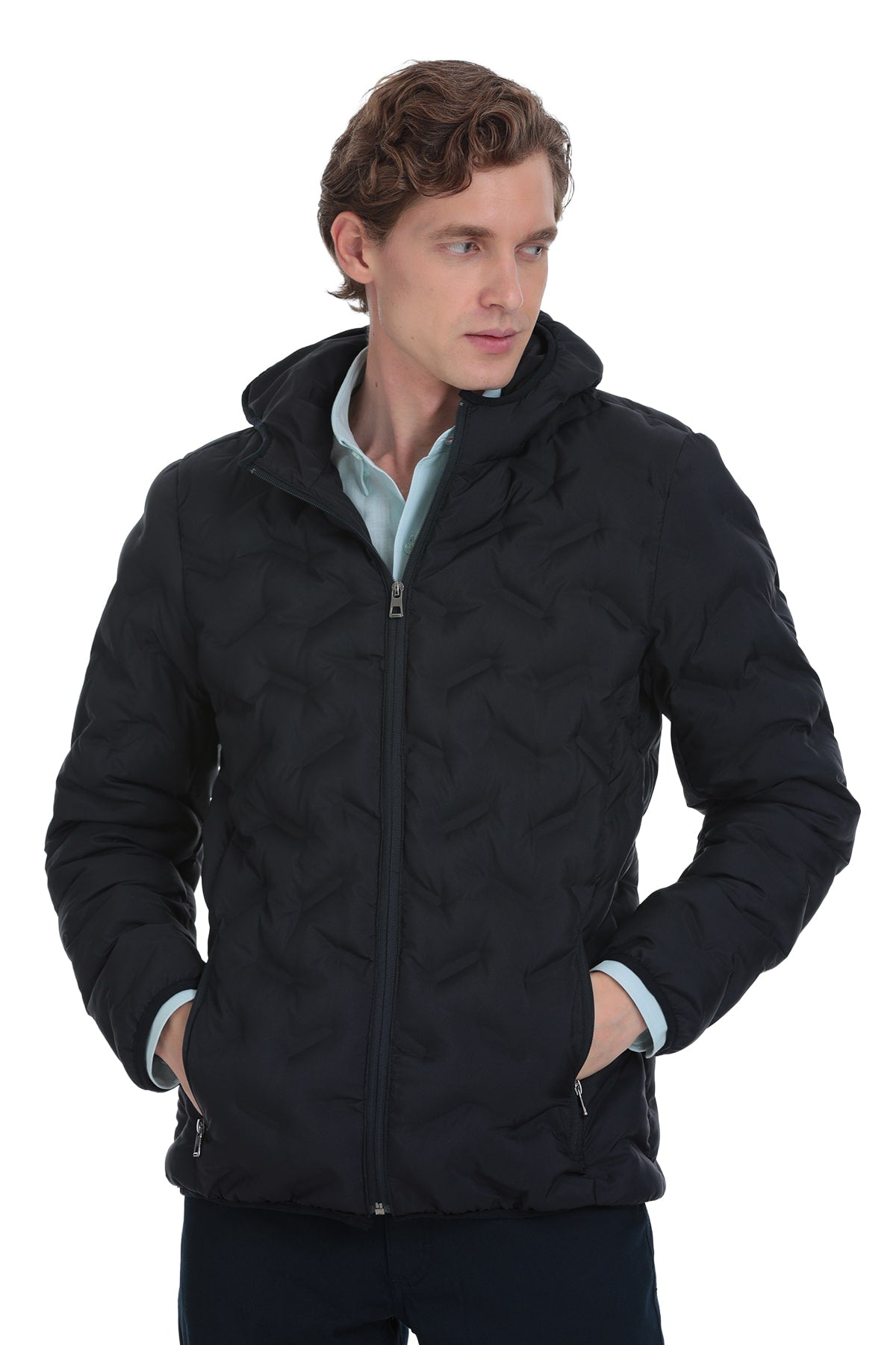 Black quilted hooded jacket with a subtle textured pattern and light blue inner lining.