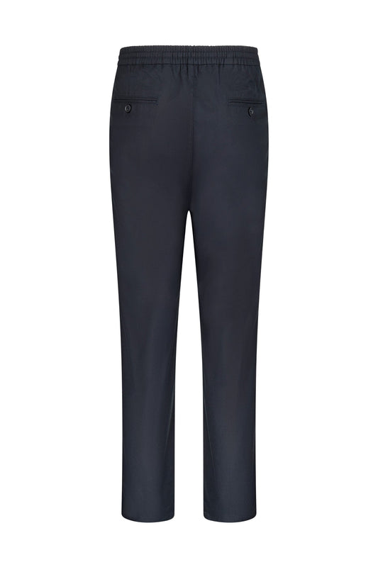 Dark navy blue, slim-fit trousers with an elastic waistband and two rear pockets.