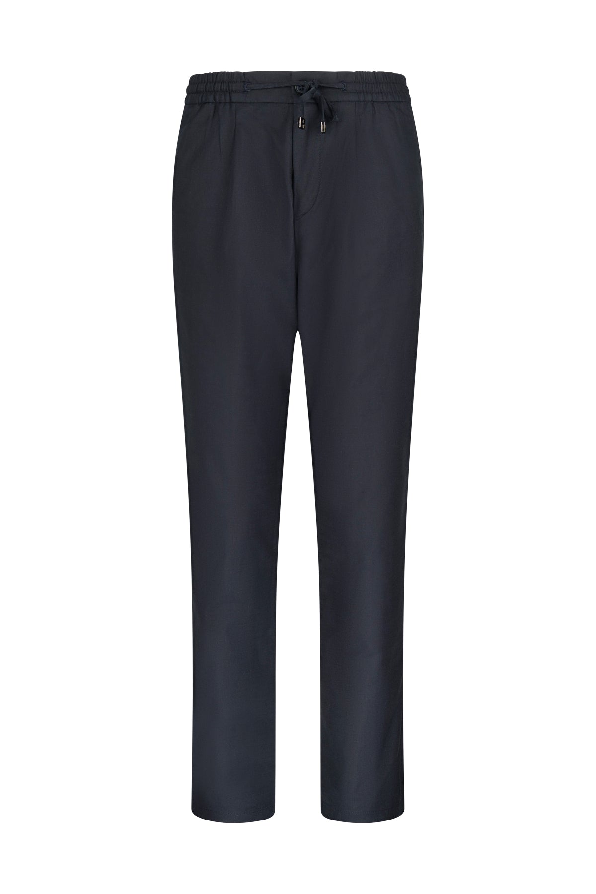 Dark navy blue, slim-fit jogger pants with an elastic waistband and drawstring.
