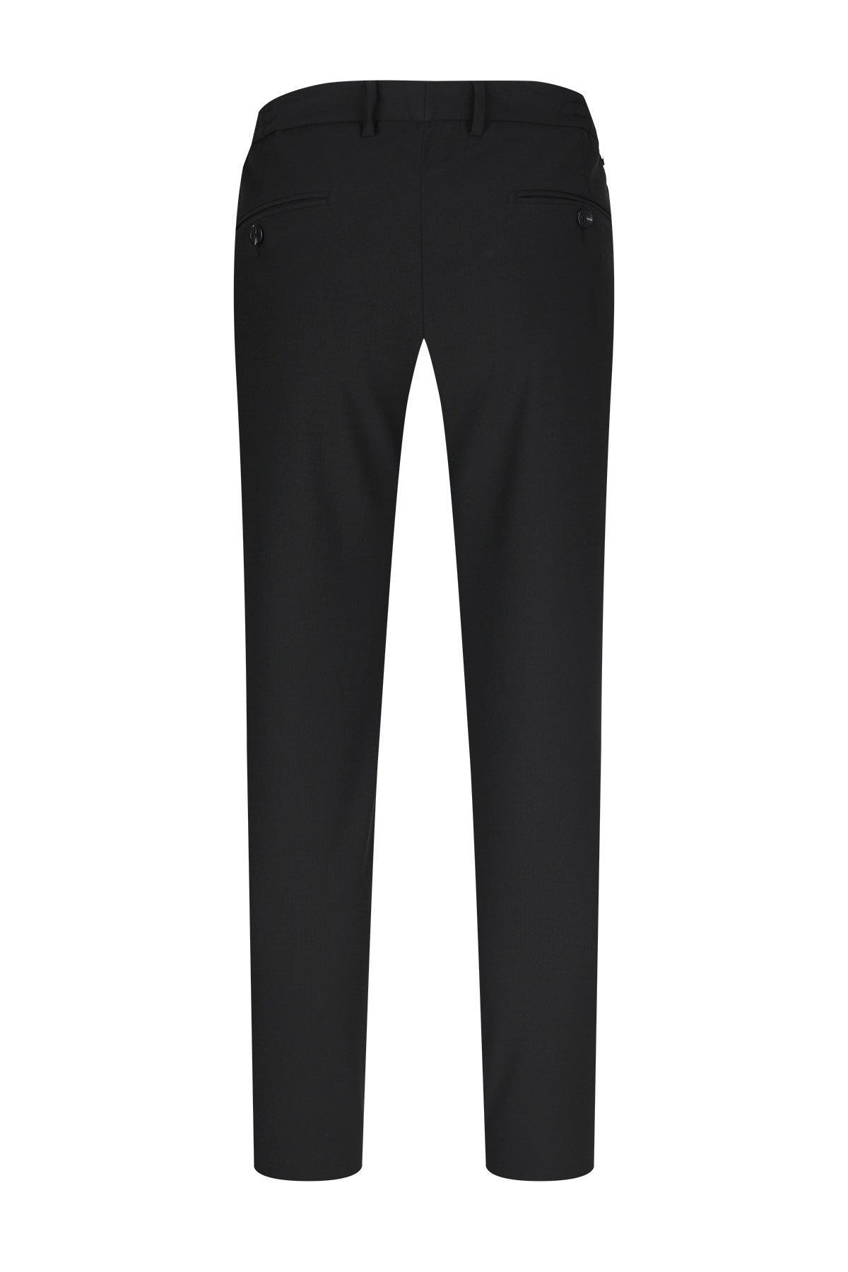 Black tailored trousers with a sleek, straight-leg cut and subtle side pockets.