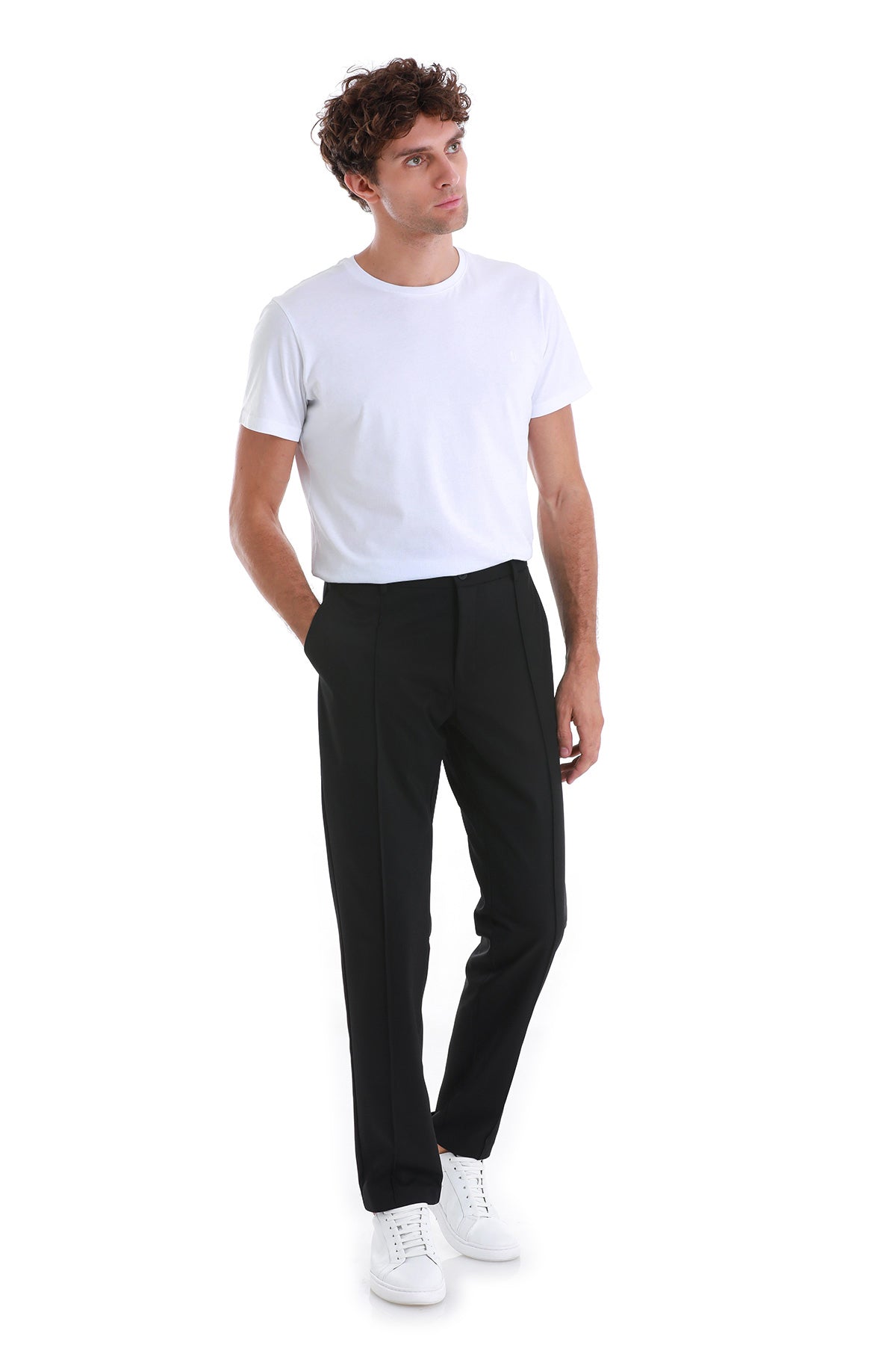 Black tailored trousers with a sleek, straight-leg cut.
