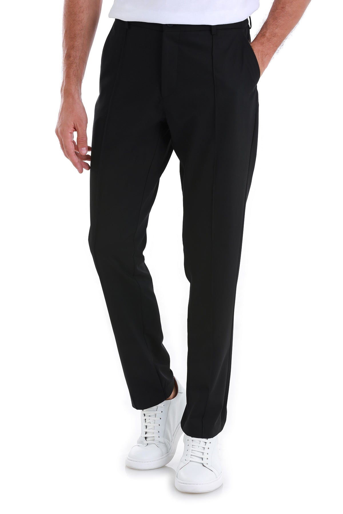 Black tailored trousers with a sleek, straight-leg cut and subtle pleats at the front.