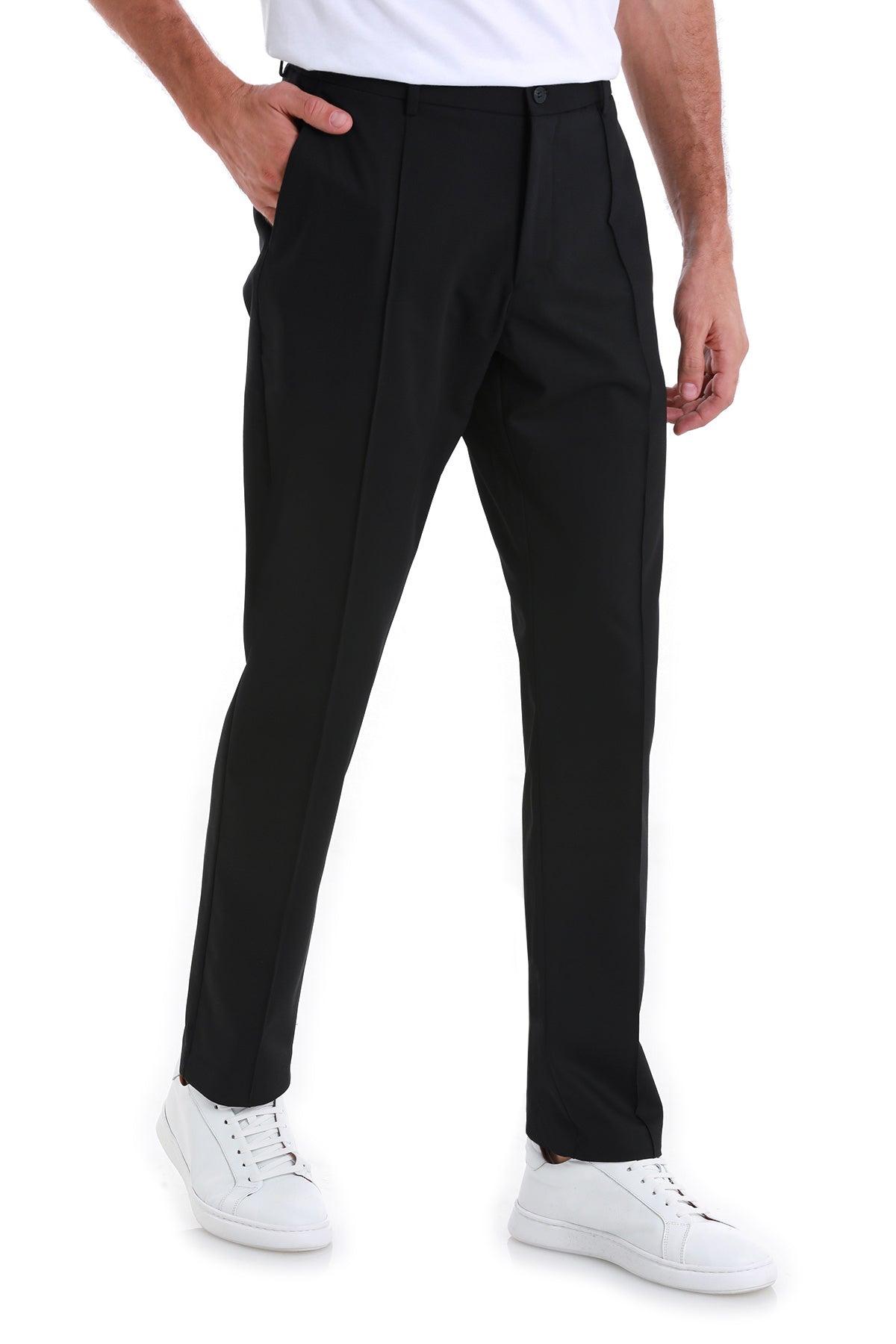 Black tailored trousers with a sleek, straight-leg cut and subtle pleats at the waistband.