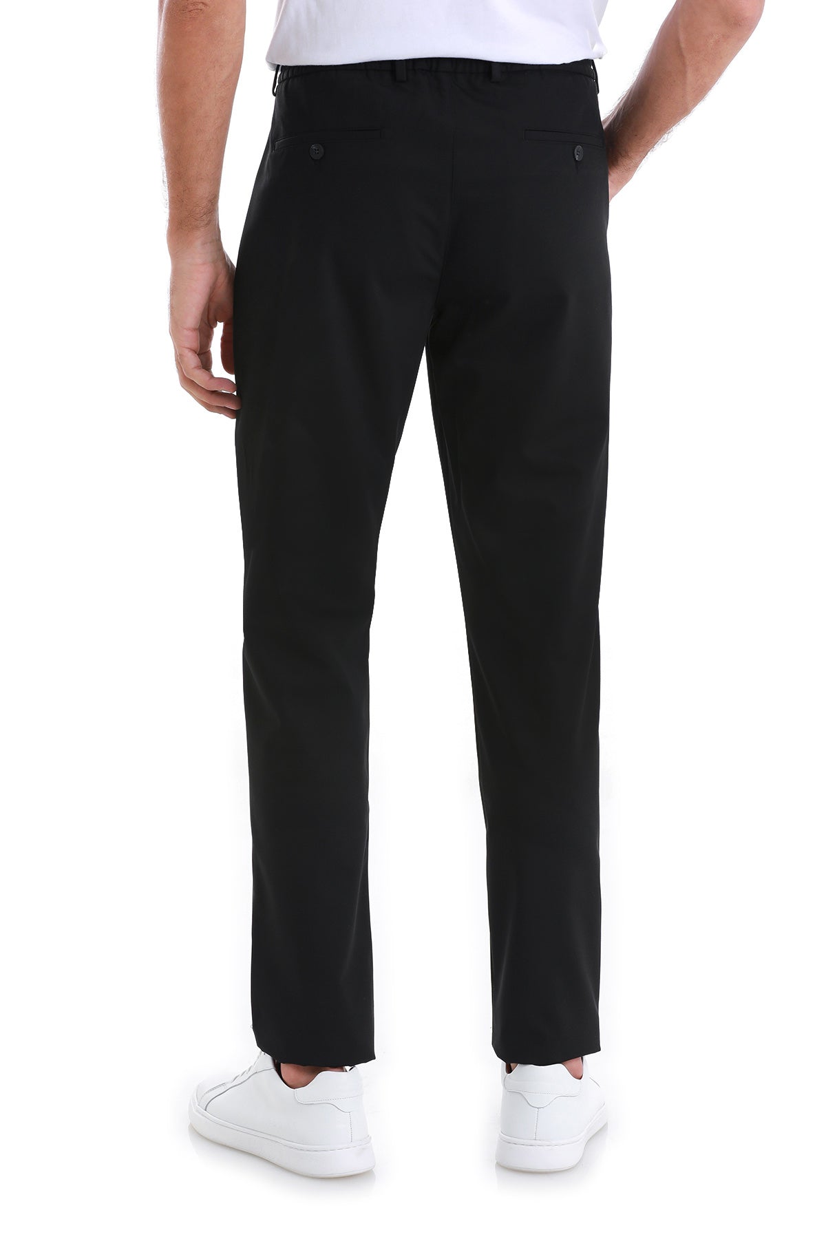 Black tailored trousers with a sleek, straight-leg cut and subtle stitching details.